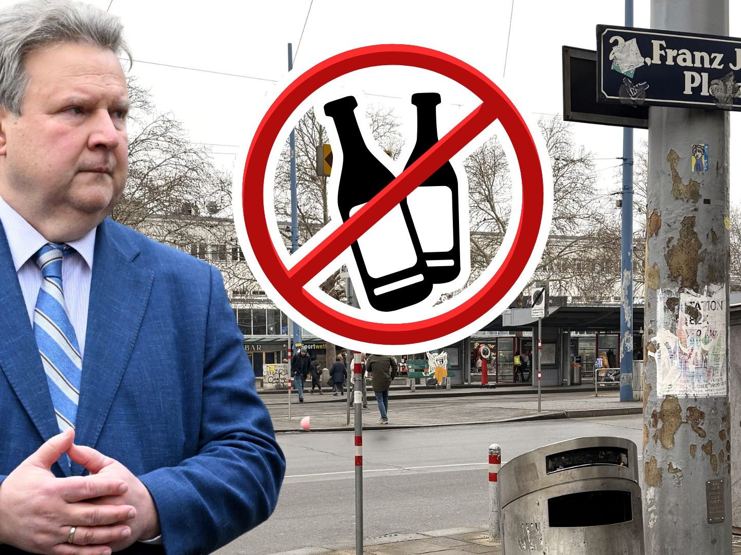 Am Franz-Jonas-Platz steht eine Alkoholverbotszone vor der Tür.