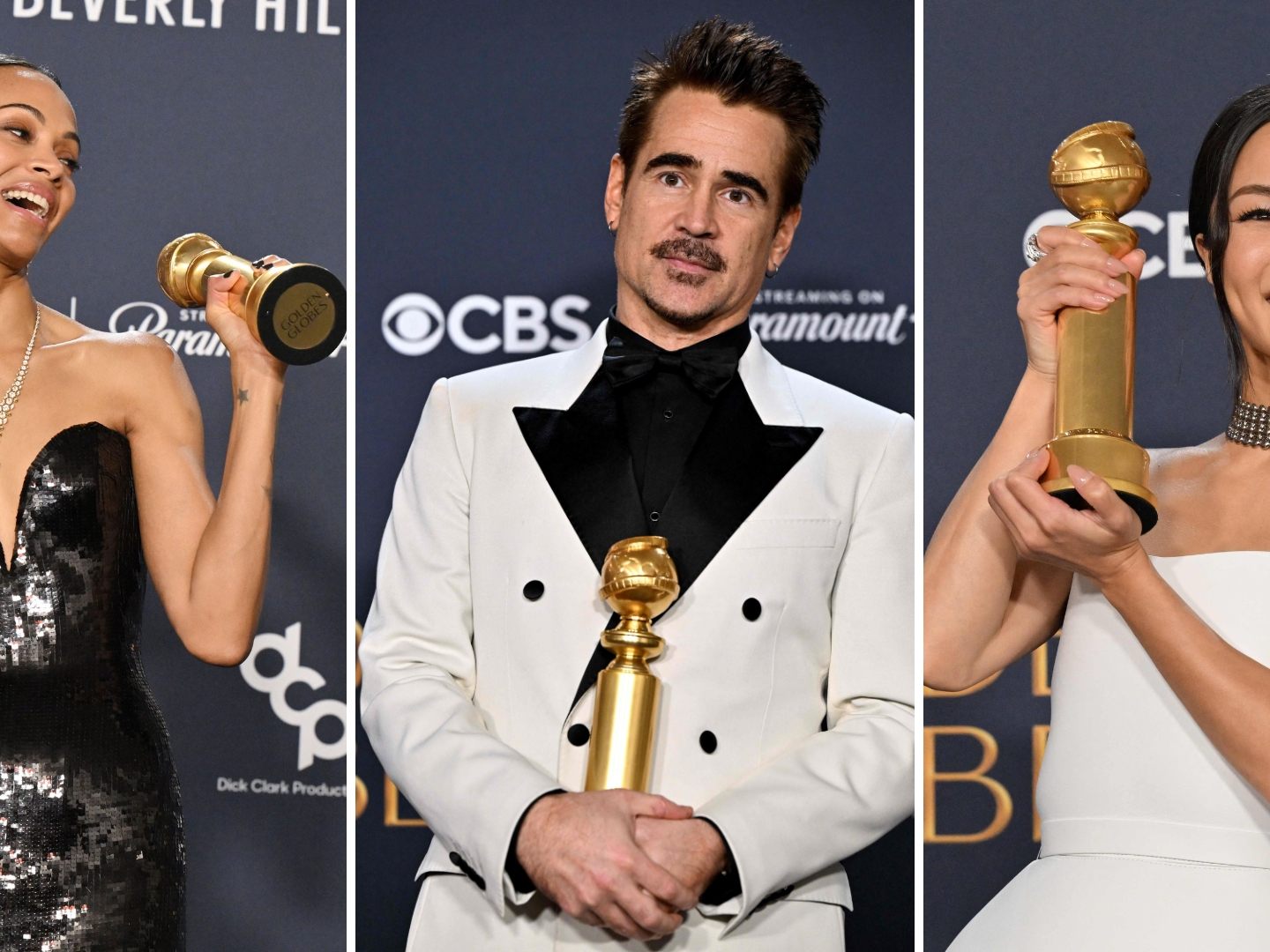 Golden-Globe-Gewinner Zoe Saldana (l.) Colin Farrell (m.) und Anna Sawai (r.). Golden-Globe-Gewinner Zoe Saldana (l.) Colin Farrell (m.) und Anna Sawai (r.).