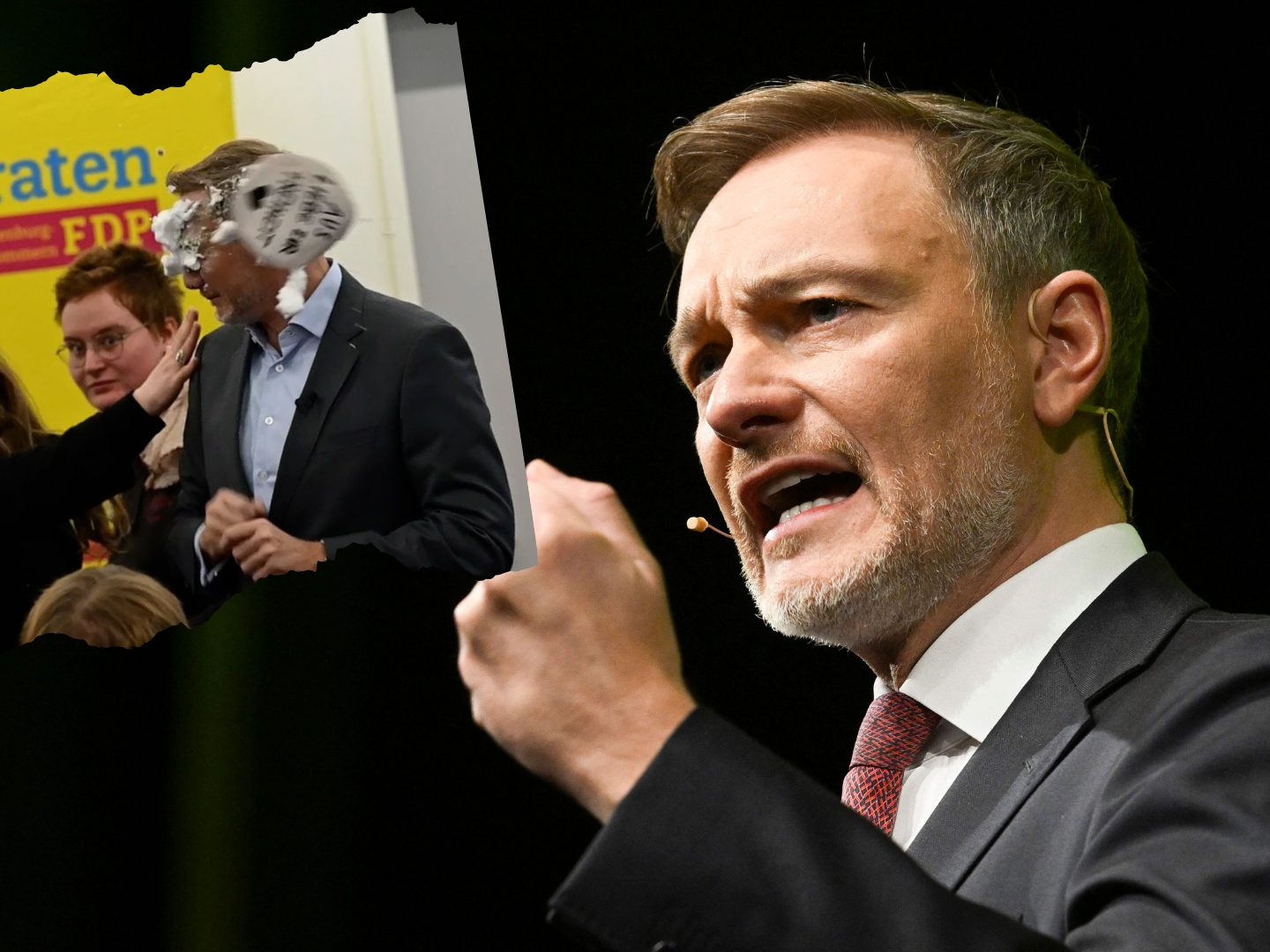 Christian Lindner wurde bei einem Auftritt mit einer Schaumtorte "angegriffen". Christian Lindner wurde bei einem Auftritt mit einer Schaumtorte "angegriffen".