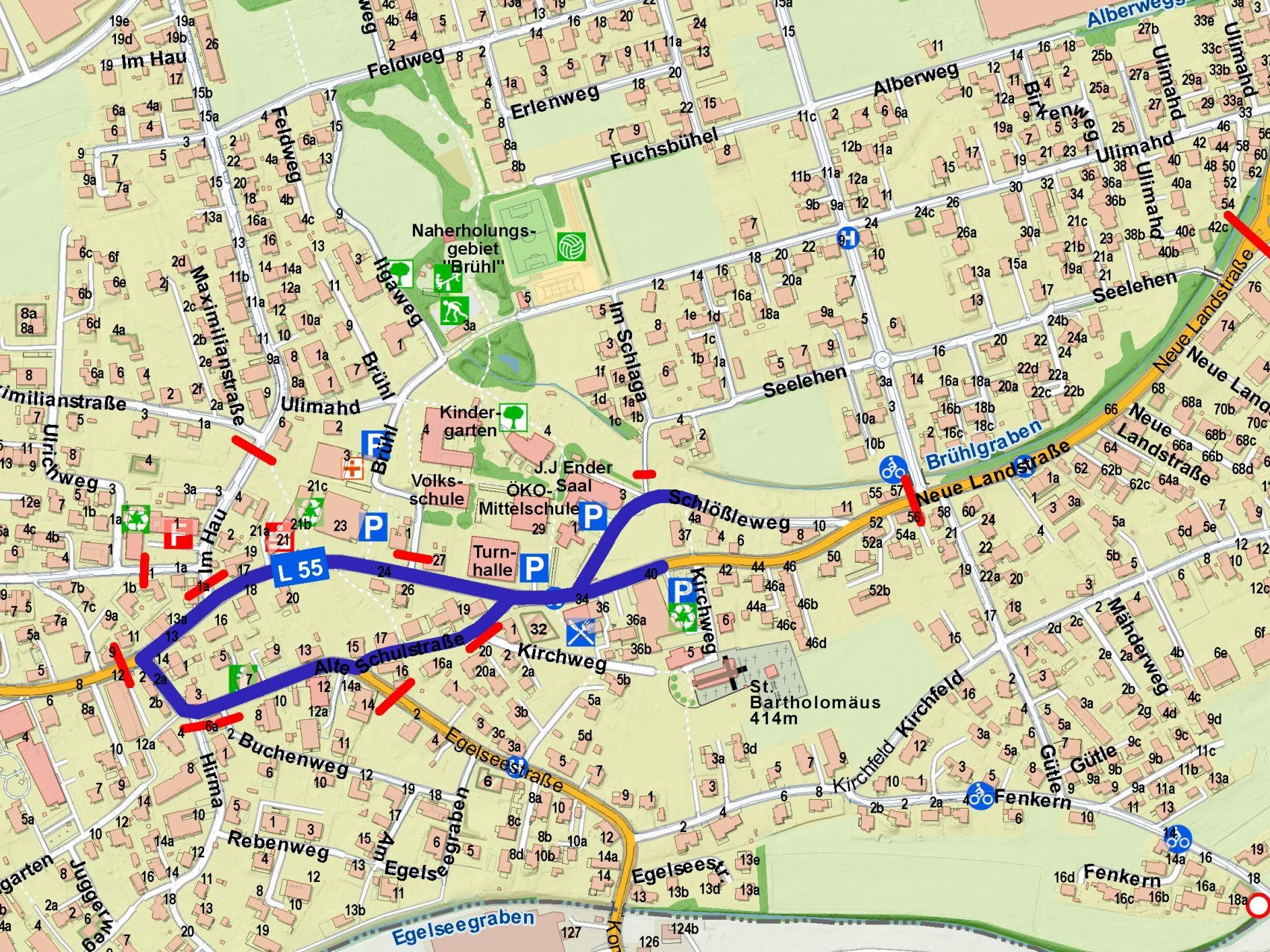 Blau: Umzugsweg | Rot: Straßensperren