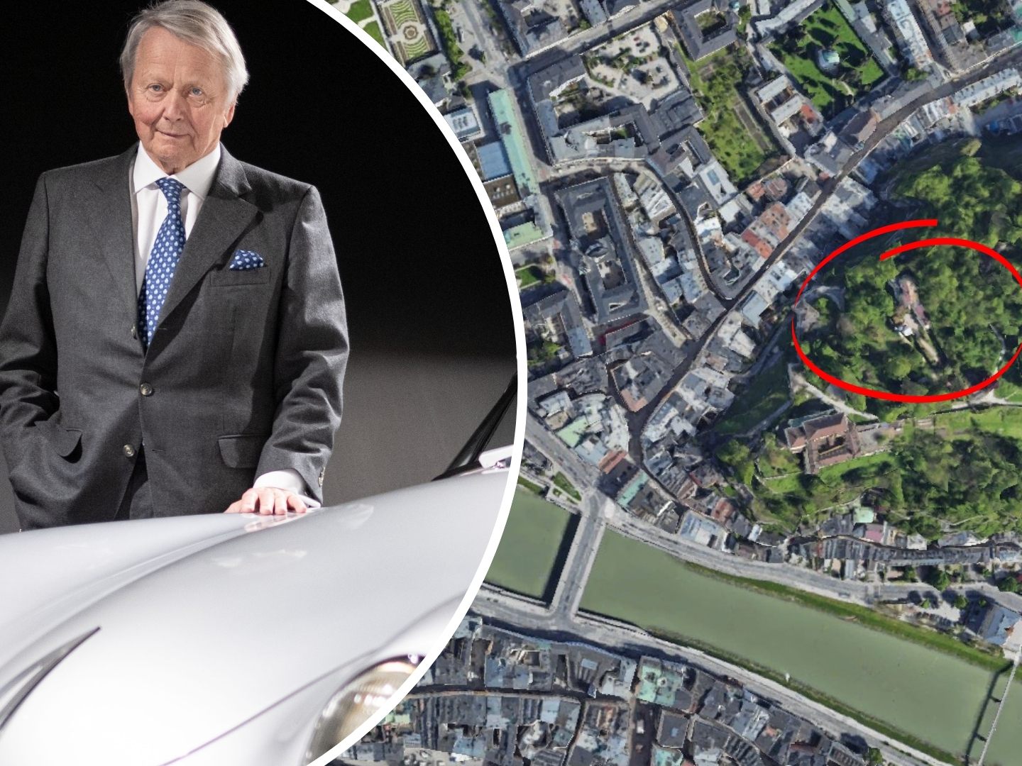 Wolfgang Porsche, Aufsichtsratsvorsitzender der Porsche AG und der Porsche Automobil Holding SE, steht im Porsche-Museum neben einem Porsche 356 Speedster Prototyp aus dem Jahr 1954 (l), rechts im Bild die Lage seiner Villa in Salzburg.