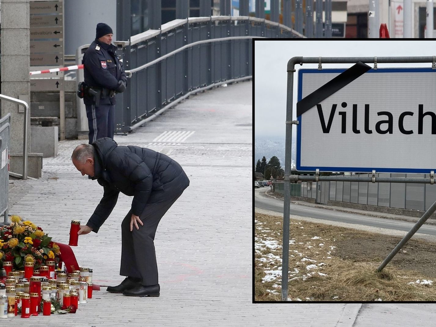 Innenminister Gerhard Karner (ÖVP) am Tatort des Messerattentats in Villach.