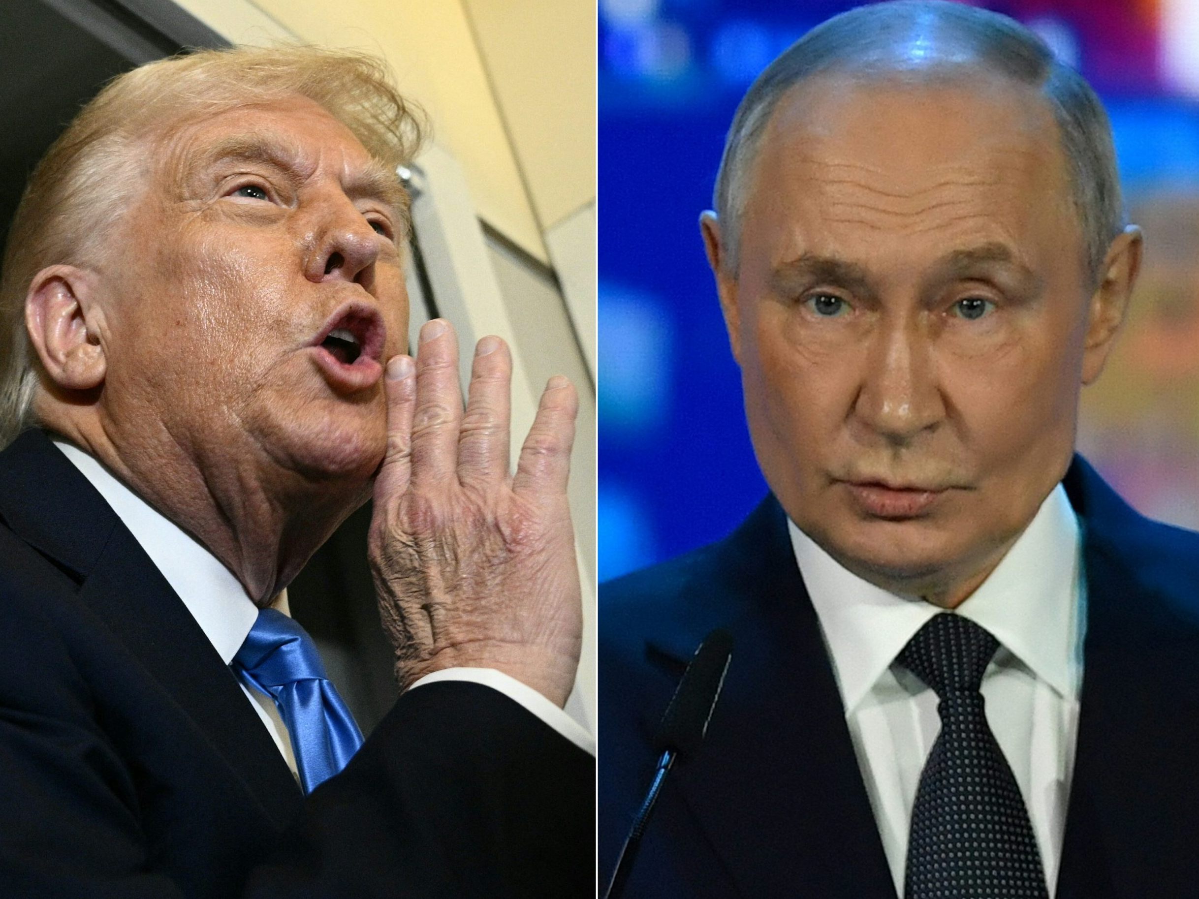 US-Präsident Trump (l.) droht mit Strafzöllen und kündigt weitere Gespräche mit seinem Amtskollegen Putin (r.) an. US-Präsident Trump (l.) droht mit Strafzöllen und kündigt weitere Gespräche mit seinem Amtskollegen Putin (r.) an.