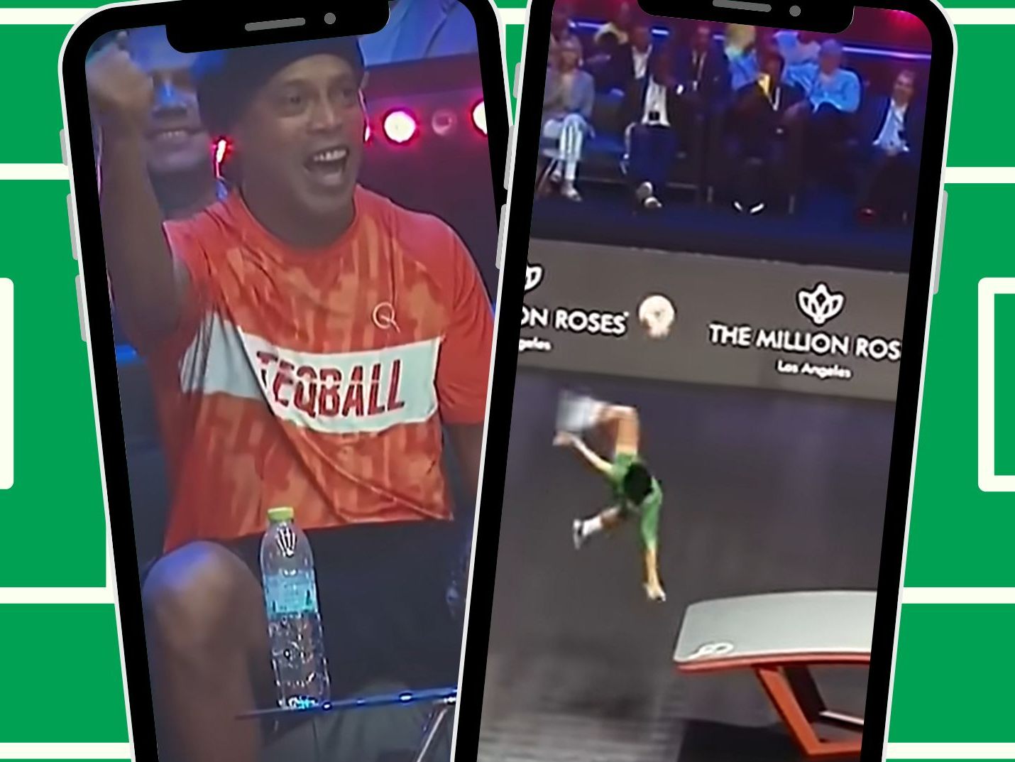 Beeindruckender Ballwechsel beim Teqball mit Ronaldinho im Publikum.