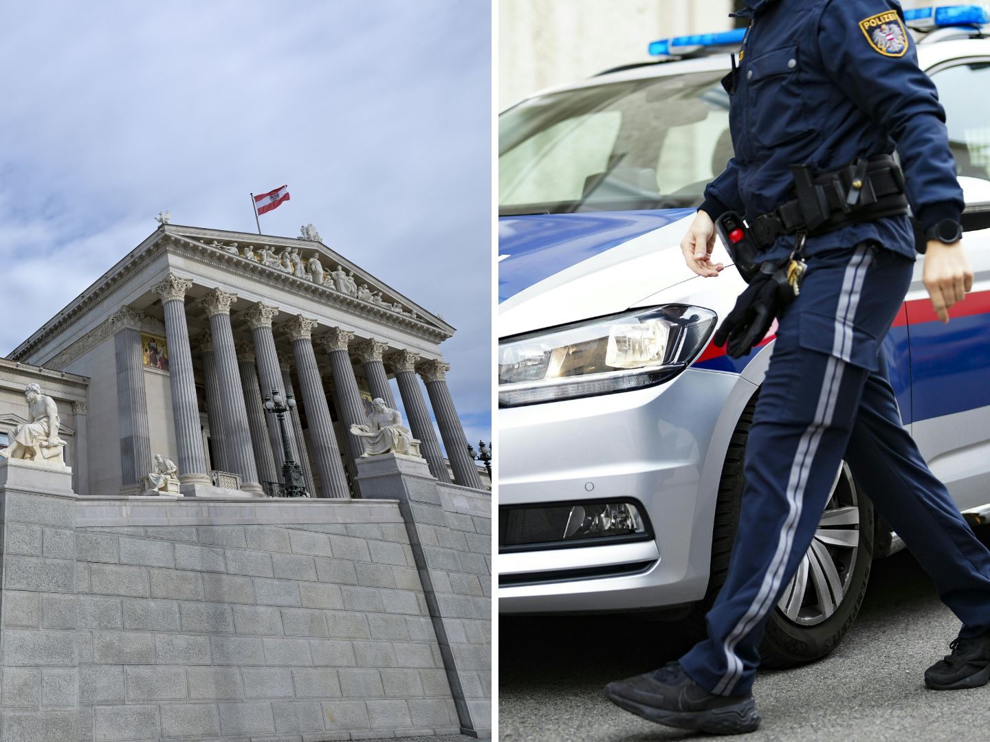 Festnahme von Verdächtigem wegen gefährlicher Drohung. Im Bild: Das Parlament in Wien und ein Polizist.