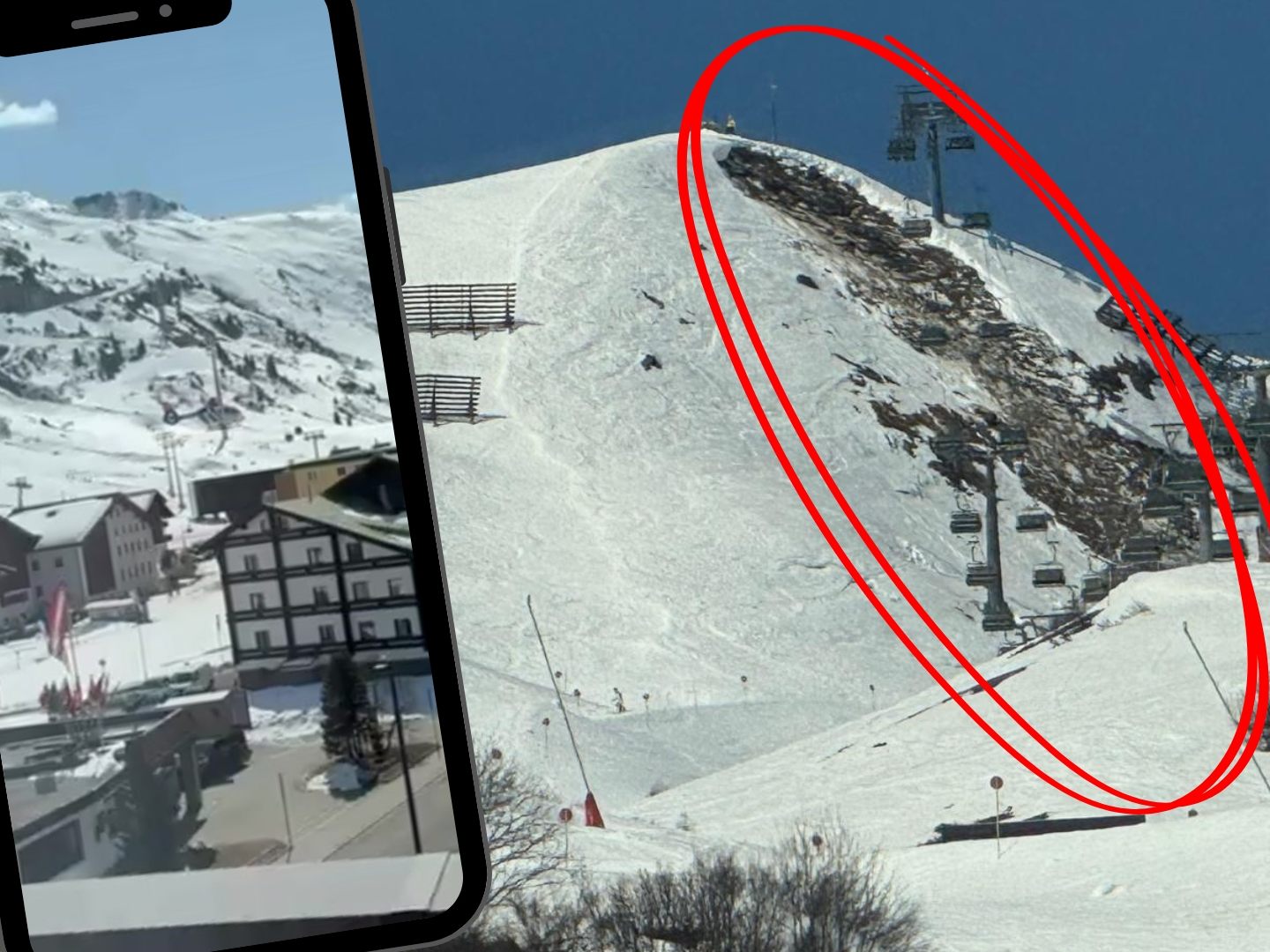 Der Hang unterhalb der Bergstation des Zürsersee-Lifts - Bei dem deutlich erkennbaren braunen Streifen unterhalb der Lifttrasse könnte es sich um den fraglichen Lawinenabgang handeln. Der Hang unterhalb der Bergstation des Zürsersee-Lifts - Bei dem deutlich erkennbaren braunen Streifen unterhalb der Lifttrasse könnte es sich um den fraglichen Lawinenabgang handeln.
