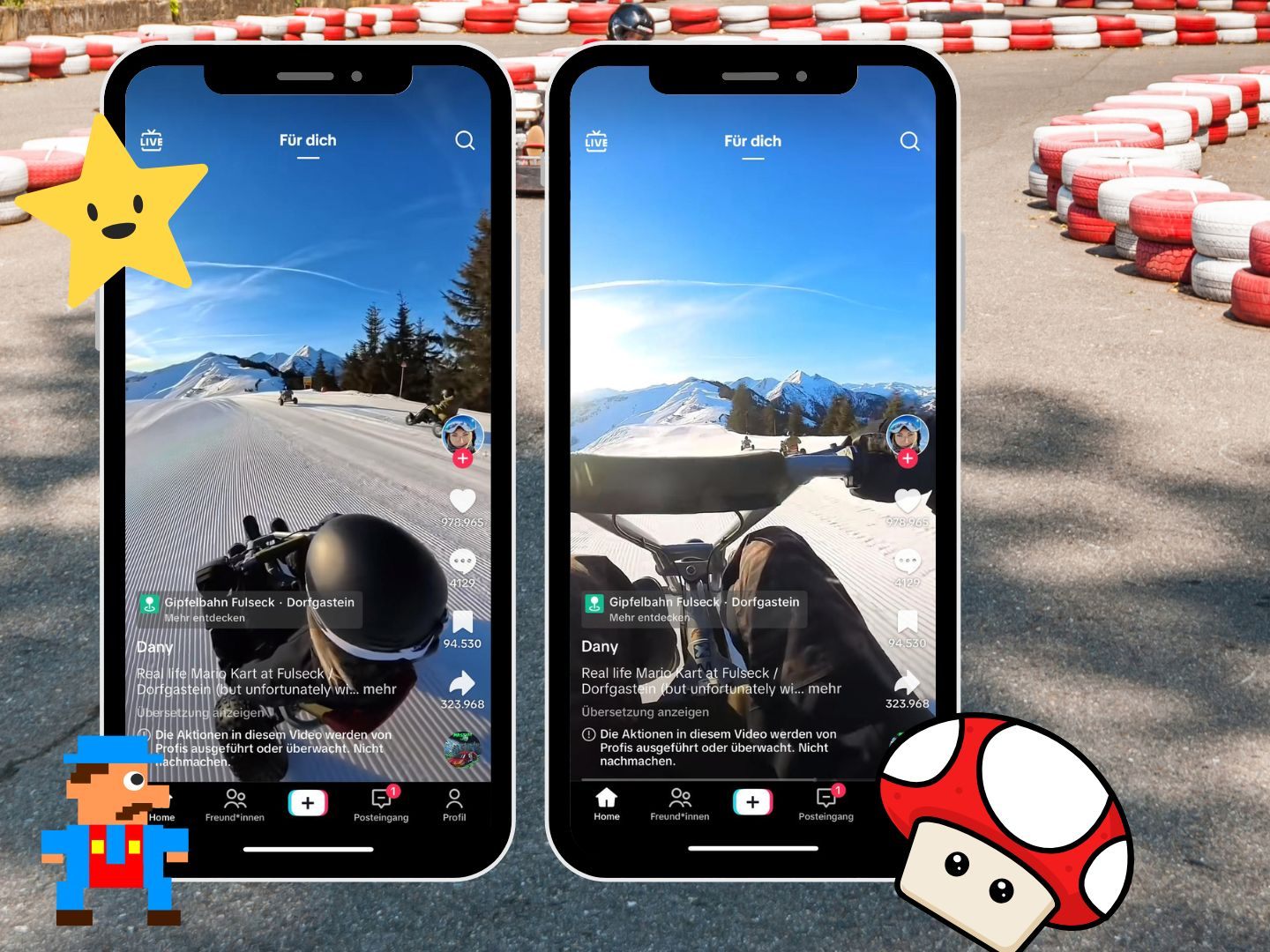 Ein TikTok Video zeigt eine rasante Mountaincart-Fahrt in Dorfgastein und wird mit einem echten Mario-Kart-Erlebnis verglichen.