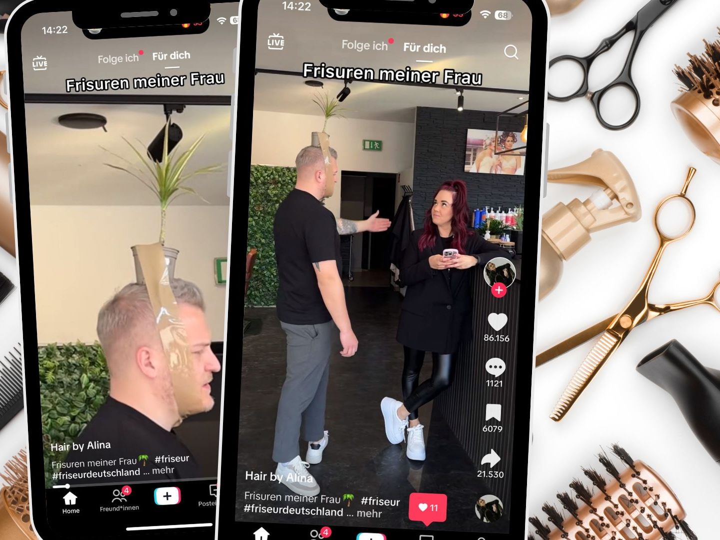Ein Mann imitiert auf kreative Weise die unterschiedlichen Frisuren einer Frau – von klassischen Stylings bis hin zu einem Vogelnest auf dem Kopf.
