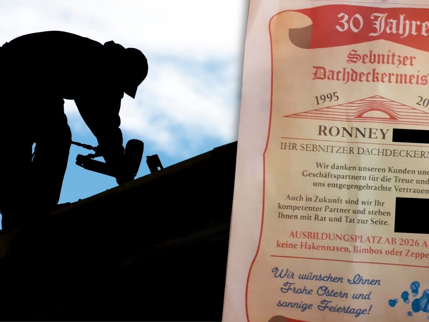 Die Anzeige war unter dem Titel „30 Jahre Sebnitzer Dachdeckermeister“ erschienen. Die Anzeige war unter dem Titel „30 Jahre Sebnitzer Dachdeckermeister“ erschienen.