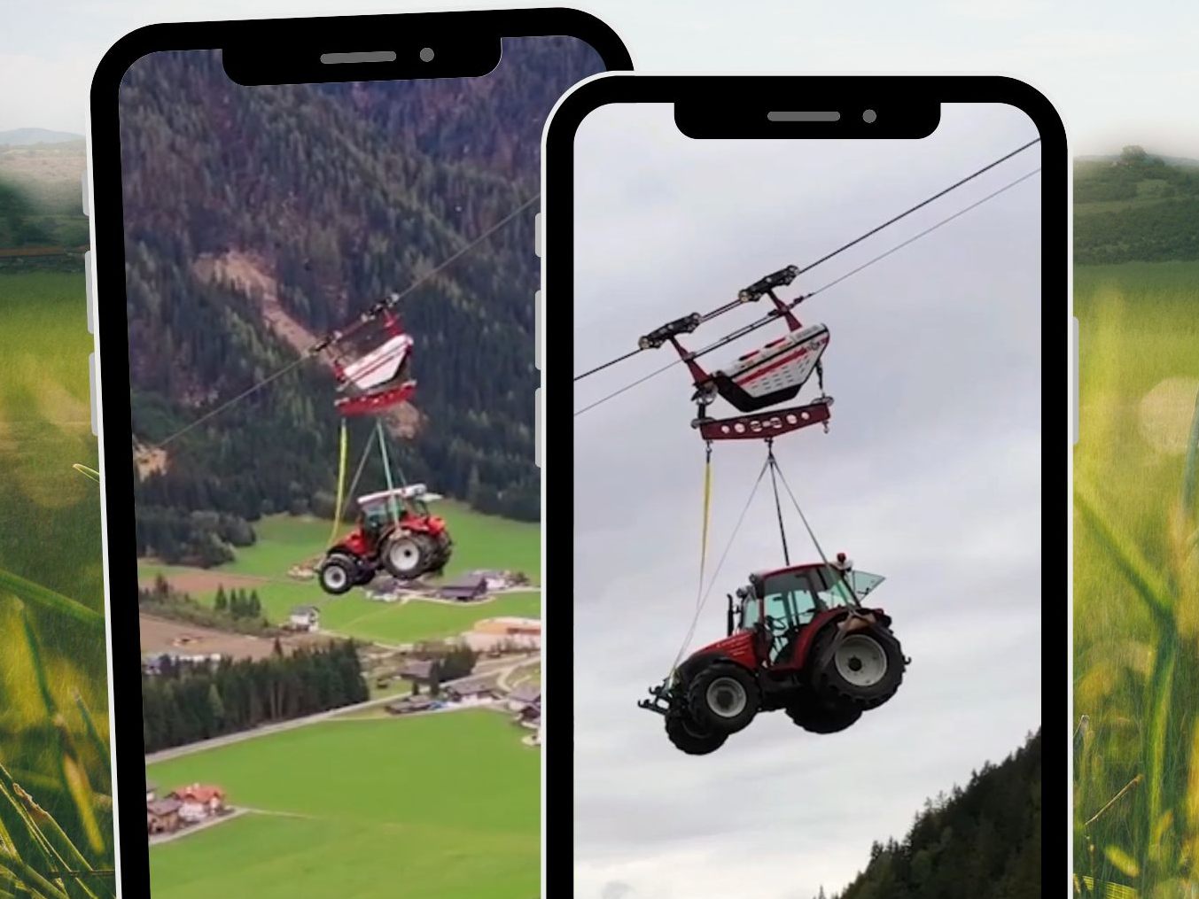 Traktor wird mithilfe von Seilbahn zur Alm gebracht.