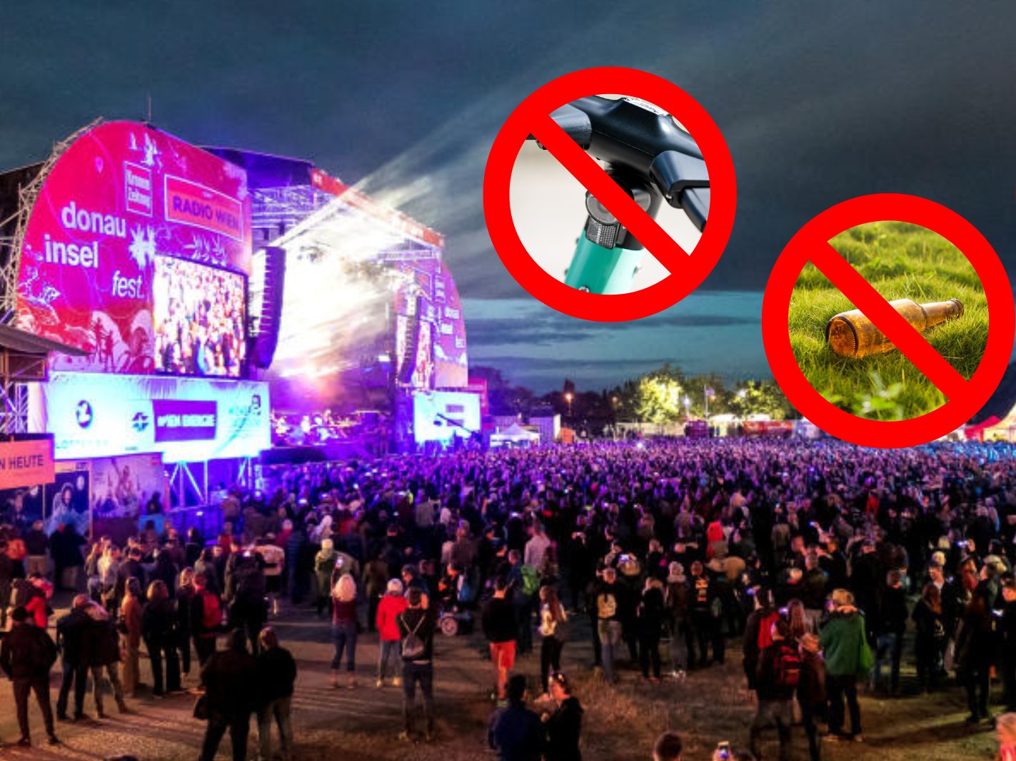 Am Donauinselfest sind zahlreiche Gegenstände verboten. Am Donauinselfest sind zahlreiche Gegenstände verboten.