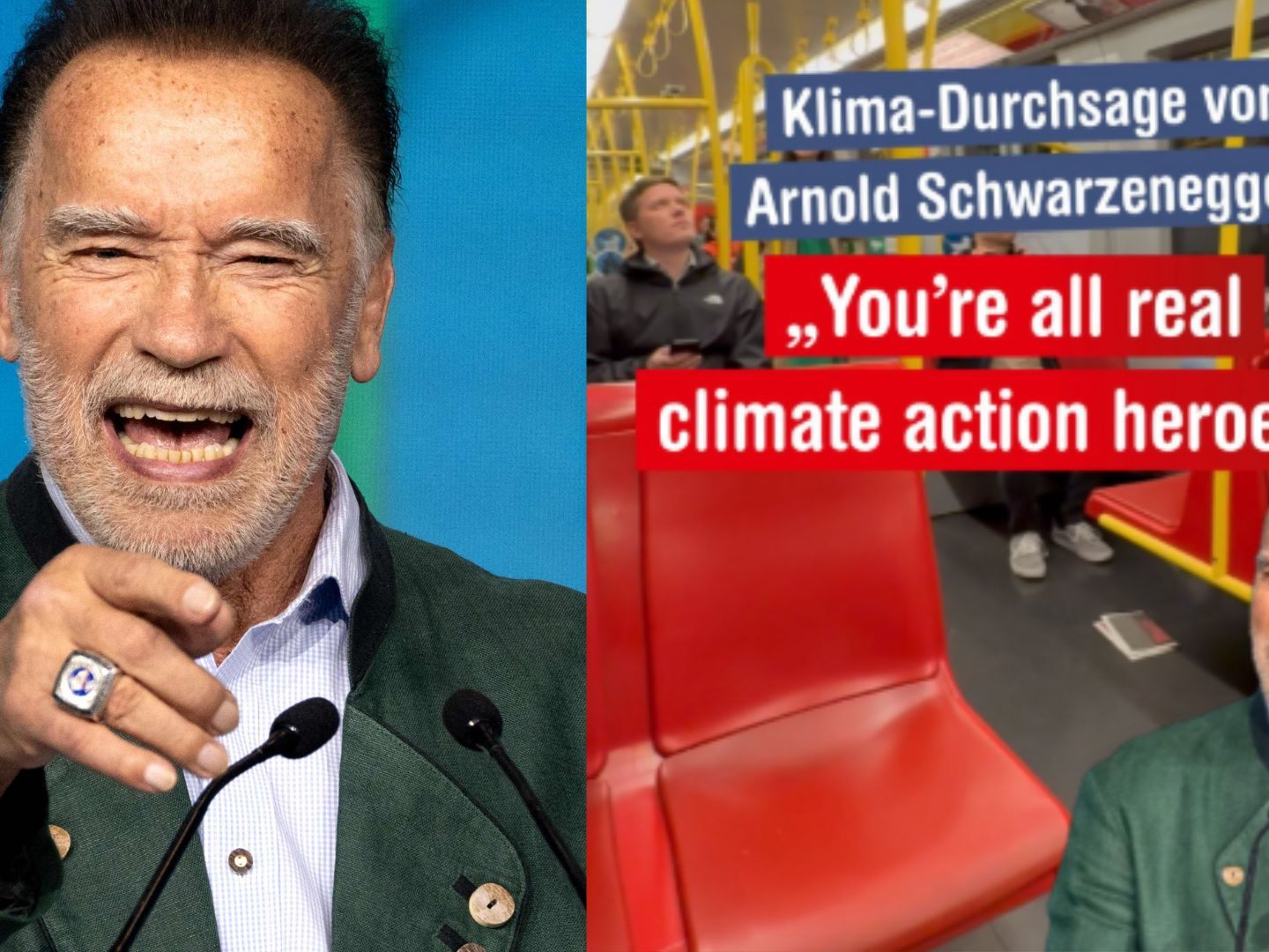 Überraschung in den Öffis: Schwarzenegger spricht zu Fahrgästen. Überraschung in den Öffis: Schwarzenegger spricht zu Fahrgästen.