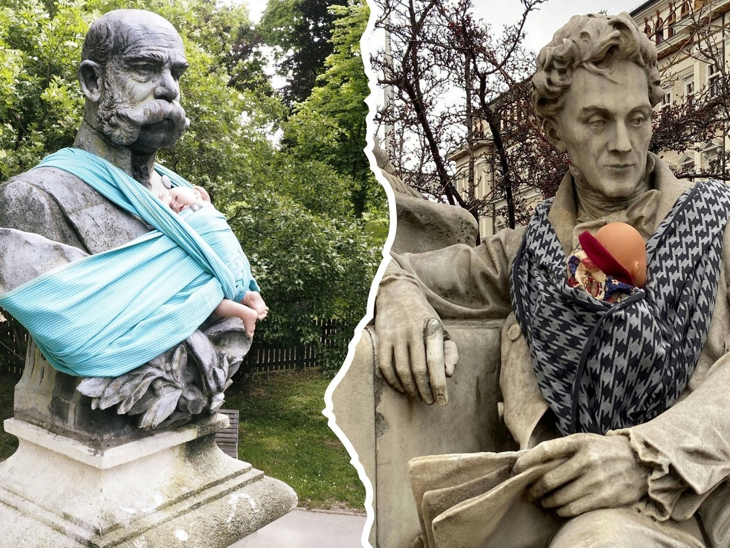 Im Rahmen von "Caring Men" wurden Männerstatuen mit Babypuppen bestückt. Im Rahmen von "Caring Men" wurden Männerstatuen mit Babypuppen bestückt.