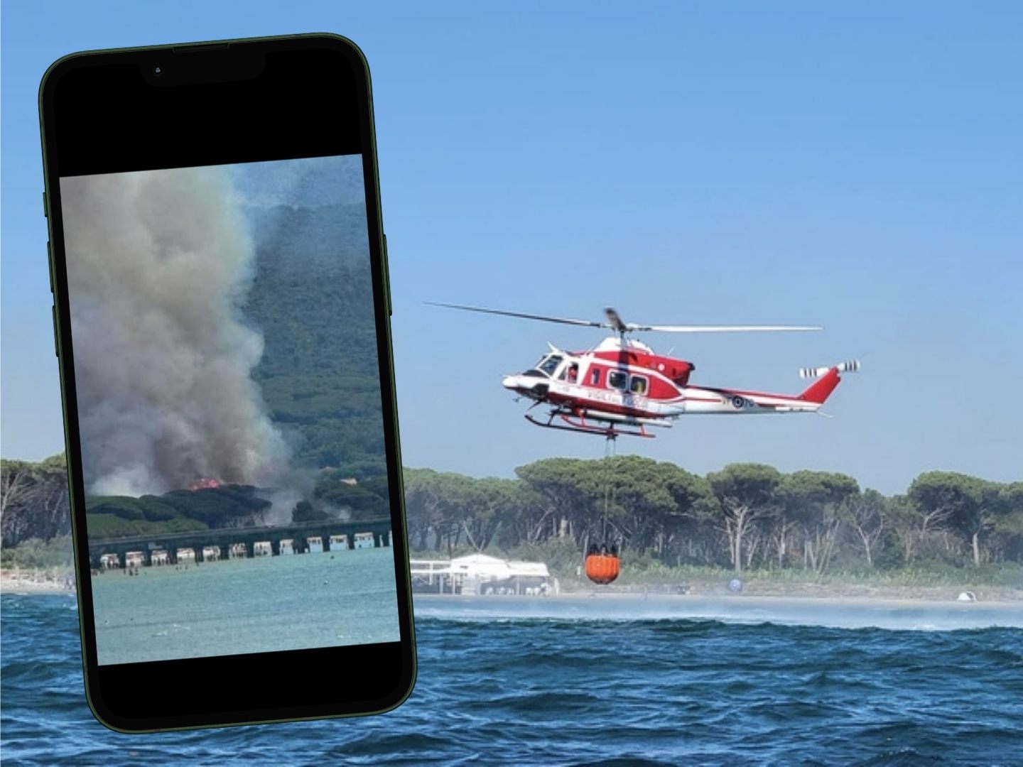Löschhubschrauber im Einsatz über der Küste bei Scarlino. Löschhubschrauber im Einsatz über der Küste bei Scarlino.
