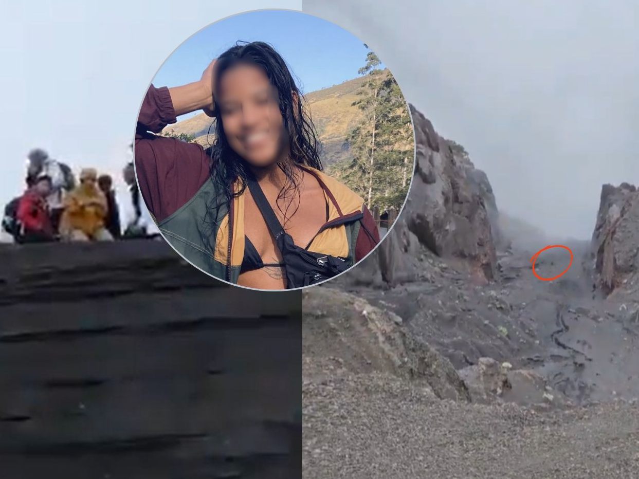 Eine Drohnenaufnahme zeigt eine Person im Vulkankrater, die Junge Frau hat zu diesem Zeitpunkt wahrscheinlich noch gelebt. Eine Drohnenaufnahme zeigt eine Person im Vulkankrater, die Junge Frau hat zu diesem Zeitpunkt wahrscheinlich noch gelebt.