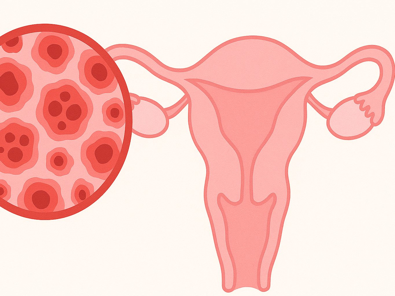 Stilisierte Darstellung von Gebärmutterhalskrebs: Eine Vergrößerung der Krebszellen im Bereich des Gebärmutterhalses zeigt die Gefahr, die von einer HPV-Infektion ausgehen kann.
