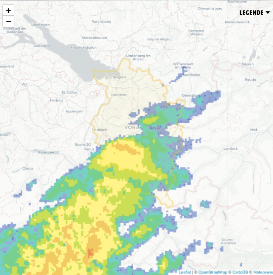 Niederschlagprognose für 22 Uhr: Besonders im Oberland ist mit teils kräftigem Regen und einzelnen Gewittern zu rechnen.