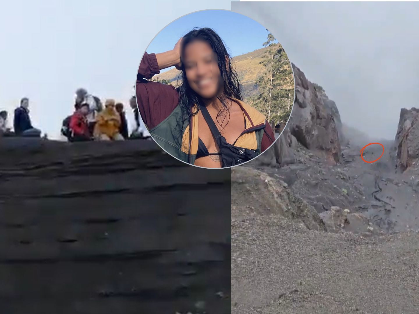 Eine Drohnenaufnahme zeigt eine Person auf grauem Vulkanboden, sitzend in weiter Entfernung, umgeben von steilem Geröll – dramatische Rettungssituation auf dem Rinjani.