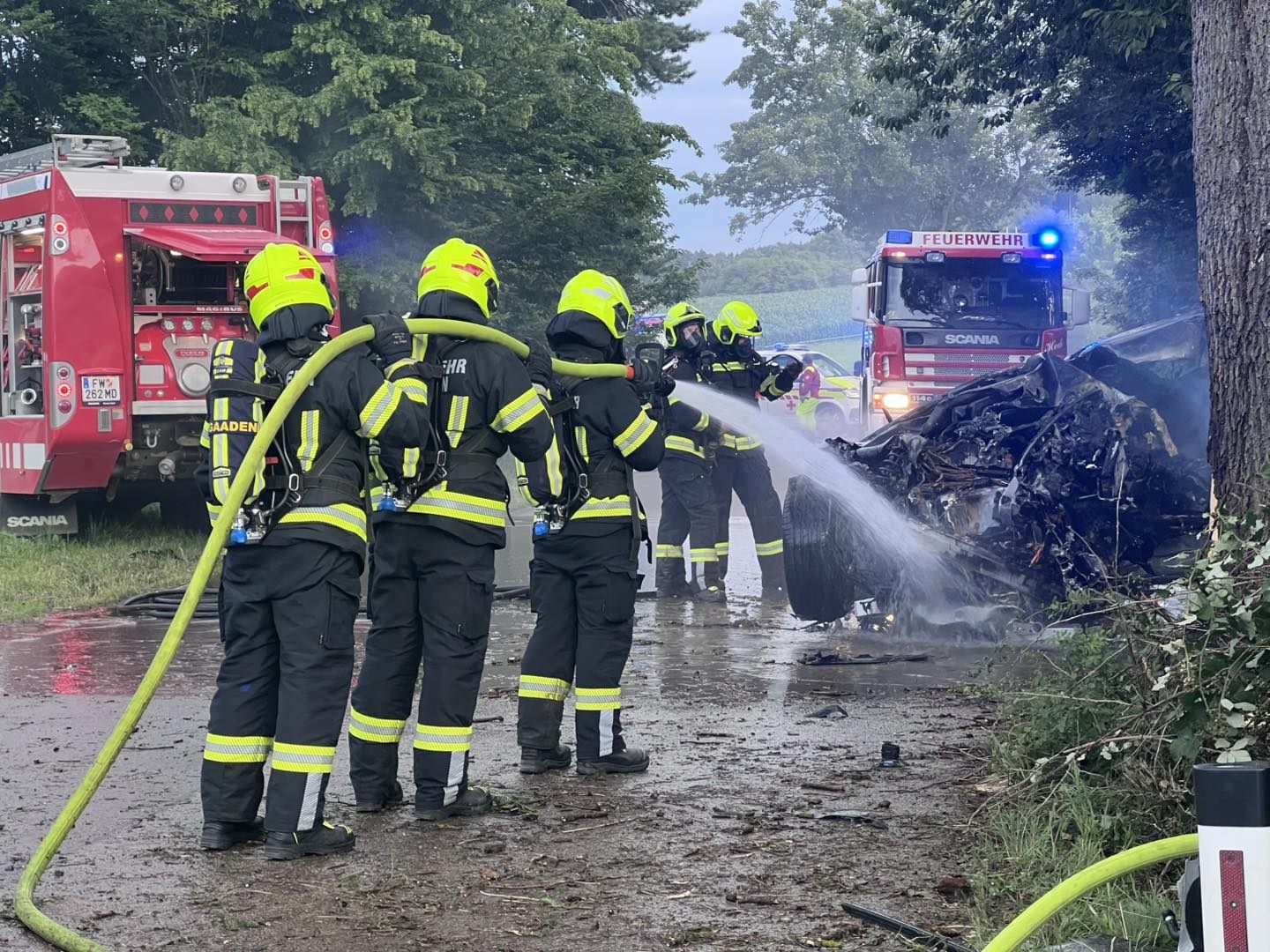 Die Feuerwehr löschte das brennende E-Auto. Die Feuerwehr löschte das brennende E-Auto.