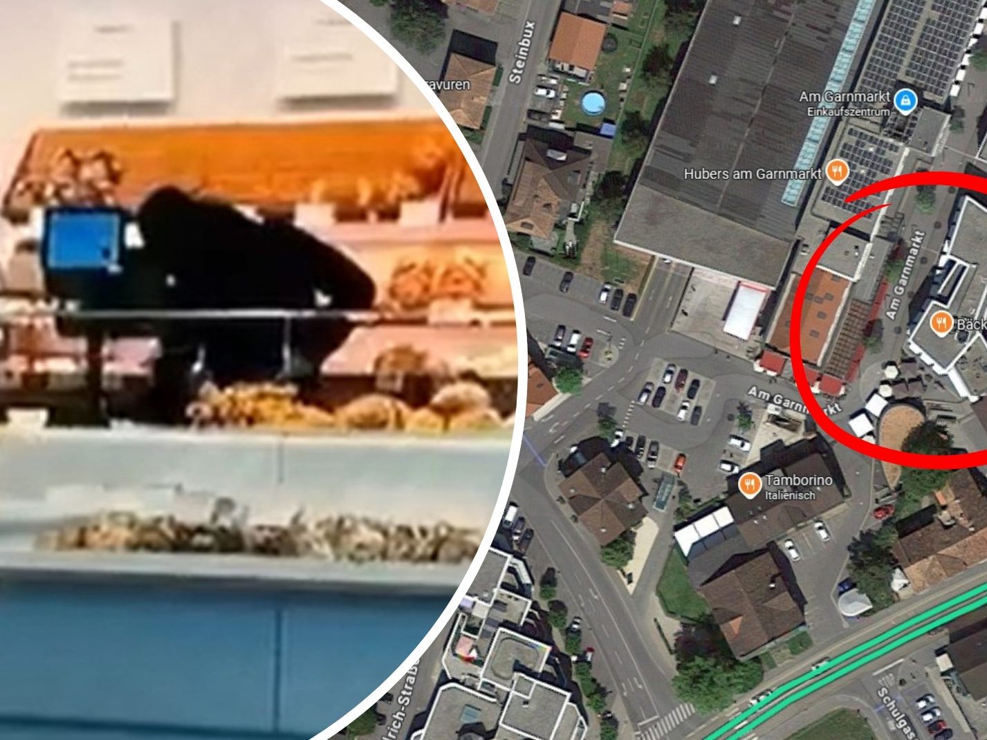 Täter (l.) nach Überfall auf die Bäckerei Mangold flüchtig. Täter (l.) nach Überfall auf die Bäckerei Mangold flüchtig.