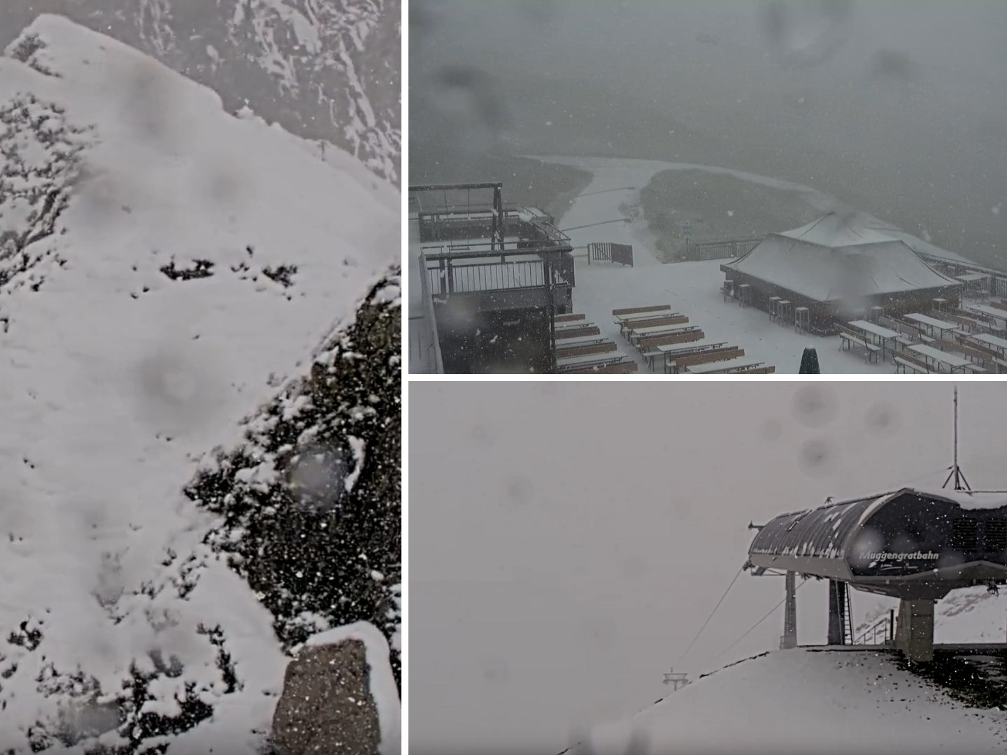 Das Bild zeigt die Bergstation am Diedamskopf im Bregenzerwald sowie die Bergstation der Muggengratbahn in Zürs – beide derzeit mit Schnee bedeckt.