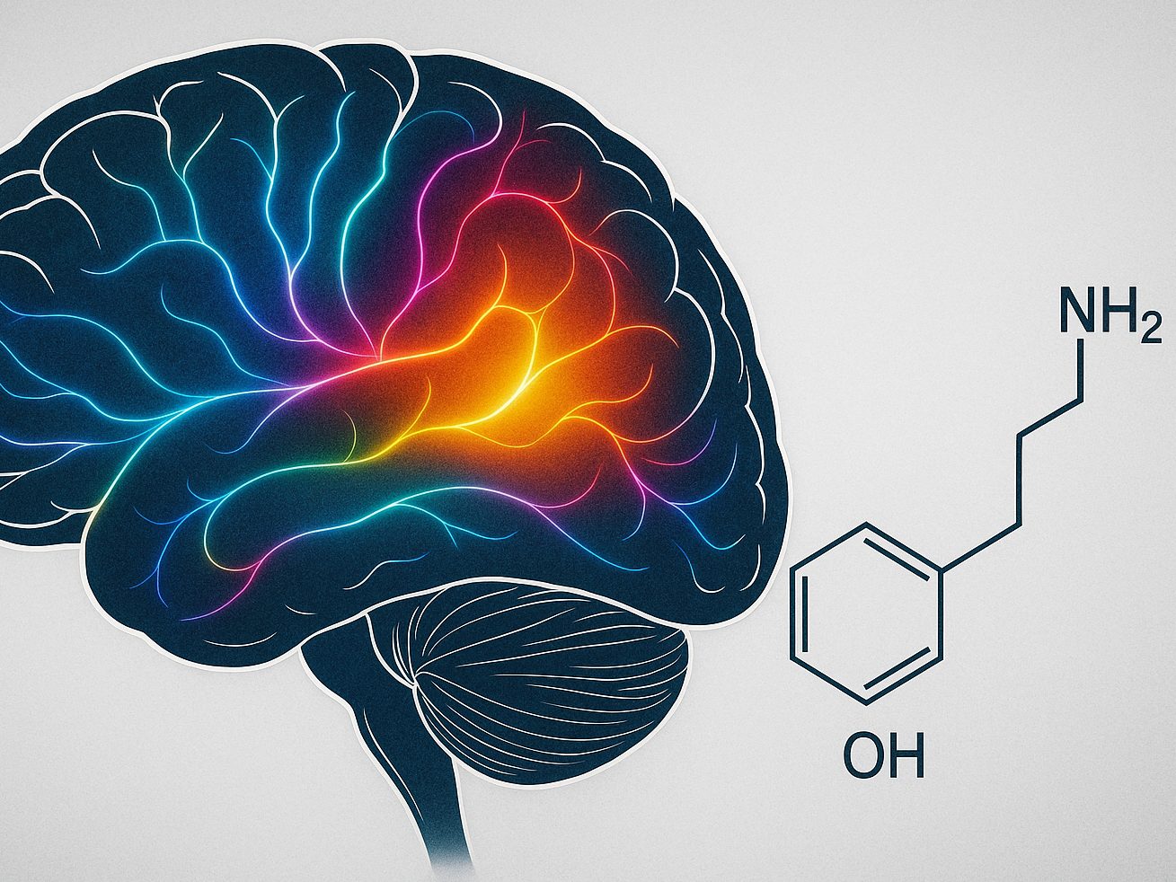 Das Belohnungssystem im Gehirn: Bei ADHS-Betroffenen reagiert es oft schwächer auf alltägliche Reize – und umso stärker auf Substanzen wie Alkohol, Nikotin oder Cannabis. Das Dopamin-Molekül (rechts) spielt dabei eine zentrale Rolle.