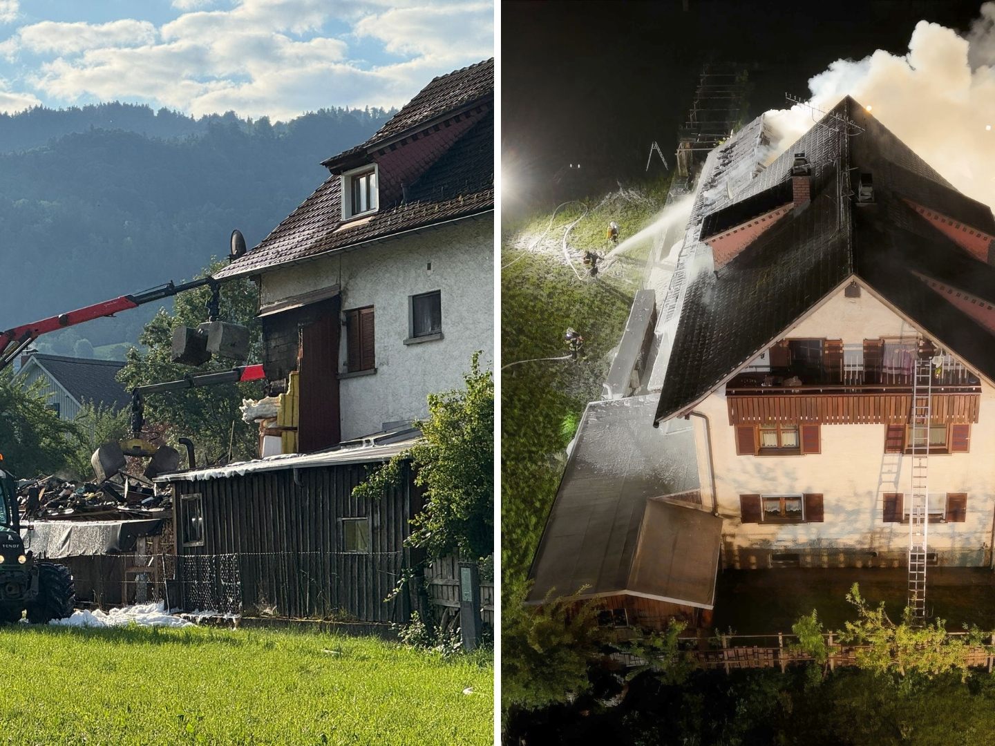 Nach dem Großbrand in Lochau liefen in den frühen Morgenstunden neben den Löscharbeiter der letzten Glutnester auch die ersten Abrissarbeiten.