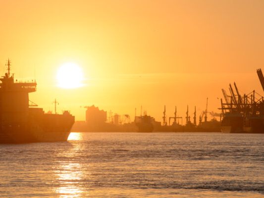 Romantischer Blick auf Hamburger Hafen mit Containerschiff auf Elbe
