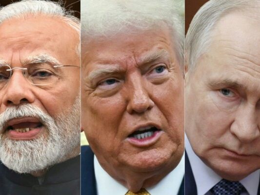 Die drei Staatschefs Modi, Trump und Putin