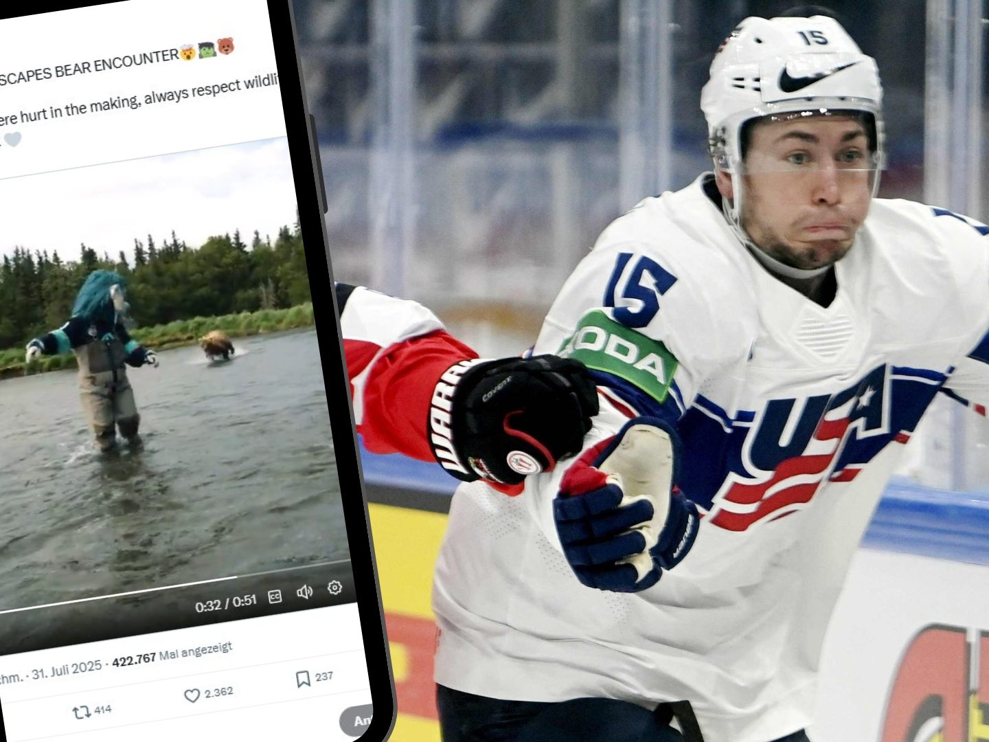 Bären-Begegnung bei Werbedreh mit NHL-Star John Hayden (r. im US-Nationaldress) und Kraken-Maskottchen Buoy in Alaska Bären-Begegnung bei Werbedreh mit NHL-Star John Hayden (r. im US-Nationaldress) und Kraken-Maskottchen Buoy in Alaska