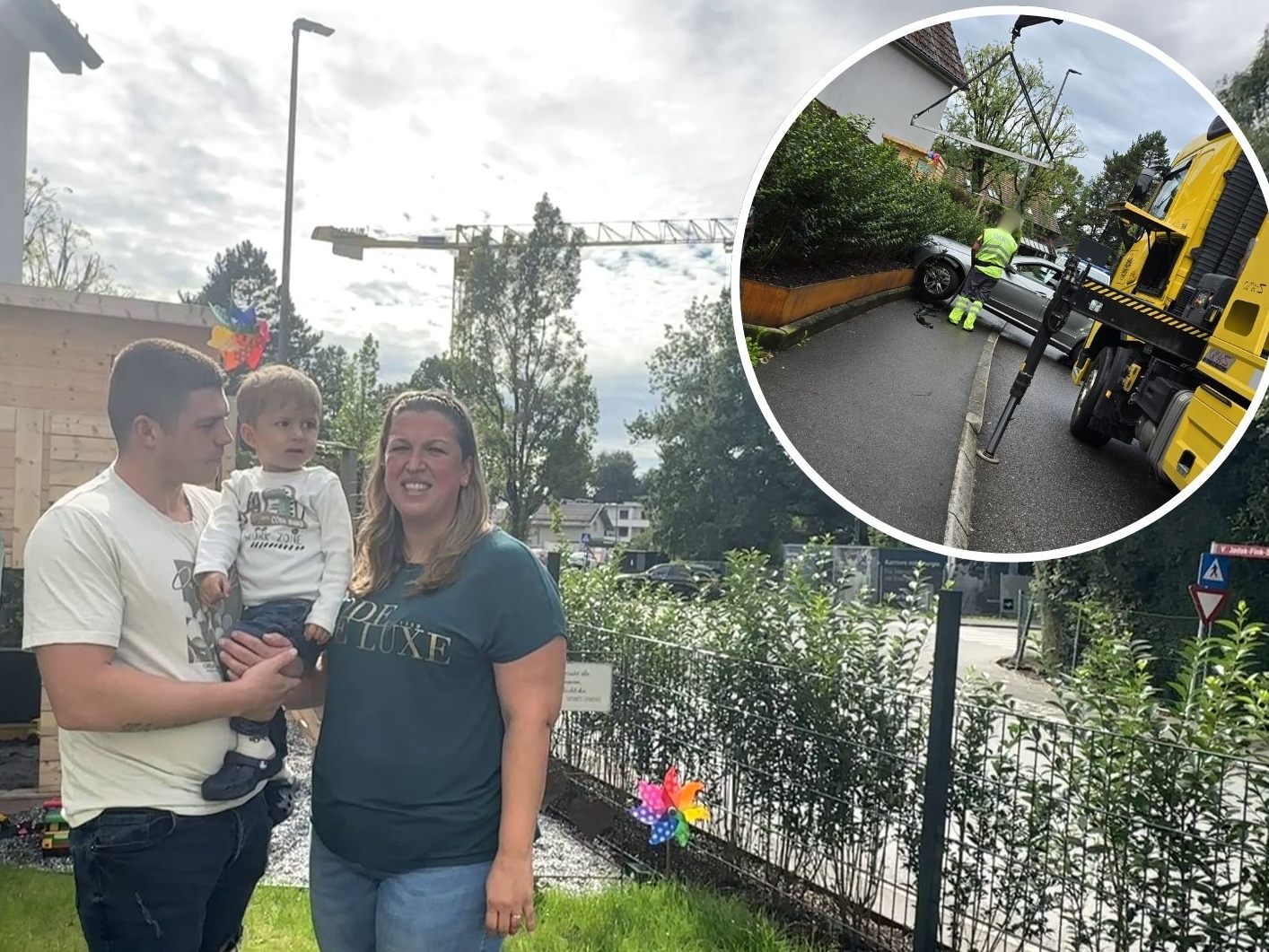 Die Familie Hagen in ihrem Garten am Kreisverkehr. Zum zweiten Mal landete ein Auto in der Begrenzung.