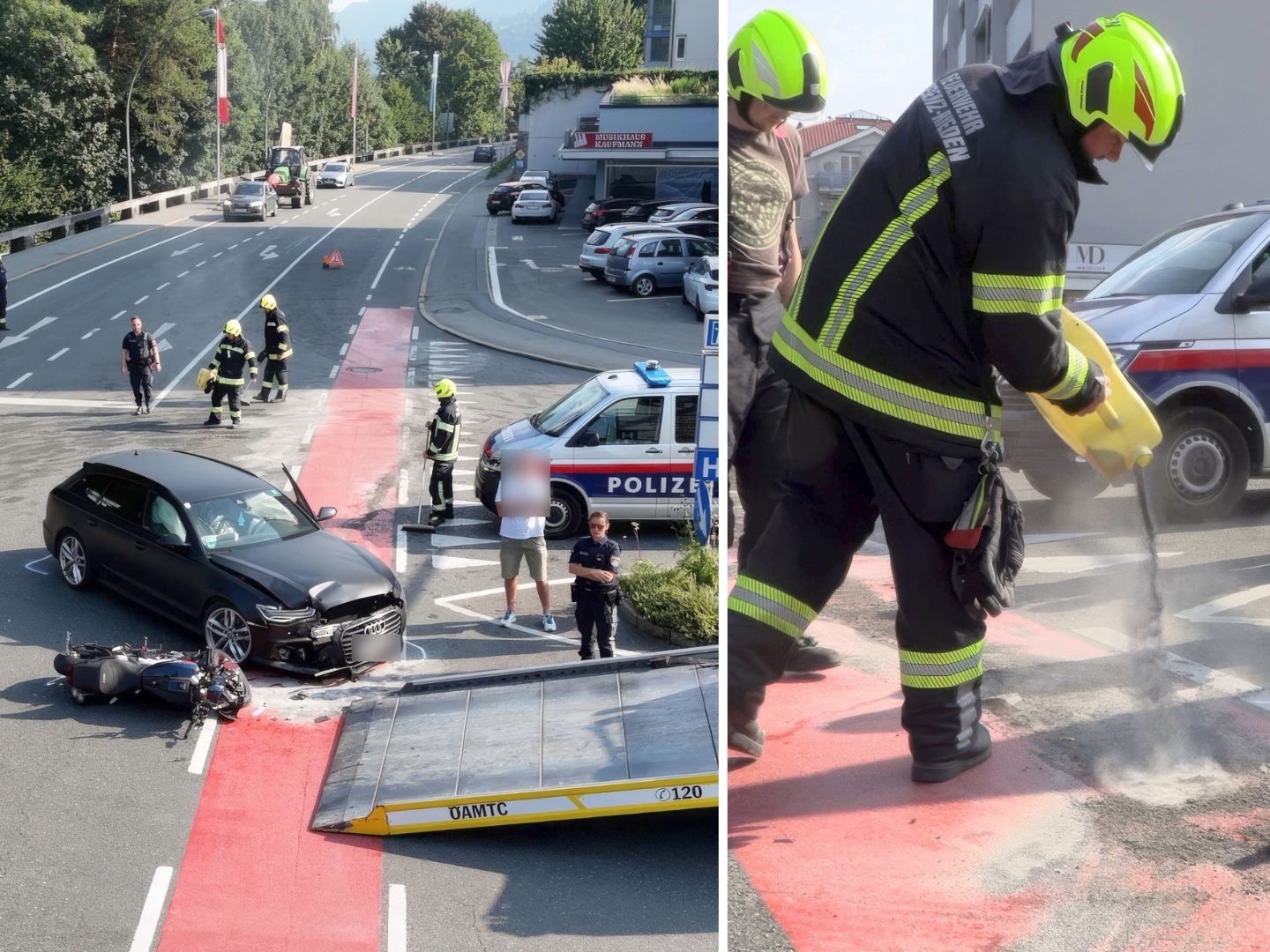Die Feuerwehr streute Ölbindemittel, um ausgelaufene Betriebsstoffe aufzunehmen.