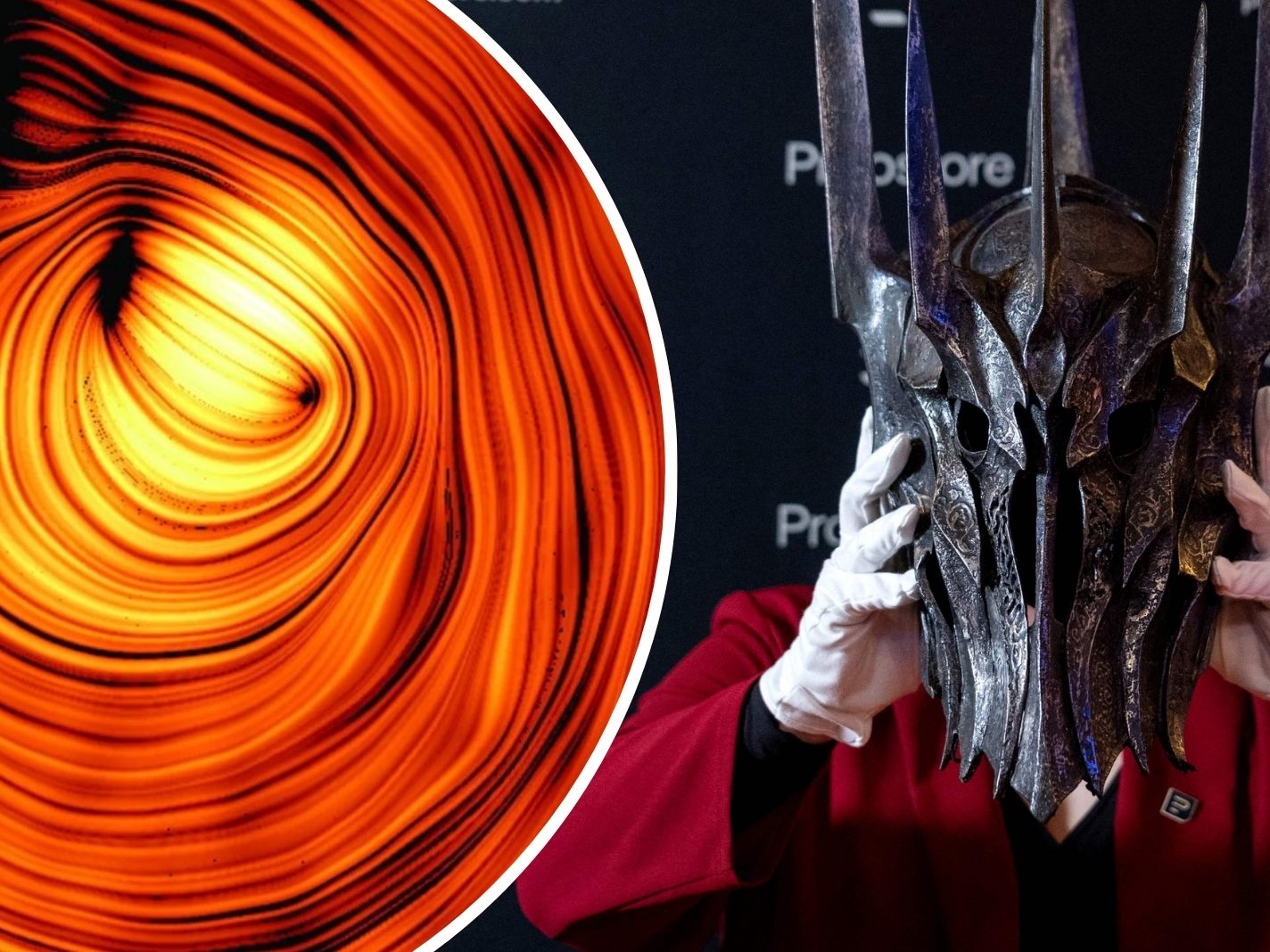 Links das nach dem Literatur- und Film-Bösewicht benannte Himmelsobjekt, rechts der Helm von Sauron aus der Film-Trilogie "Der Herr der Ringe".