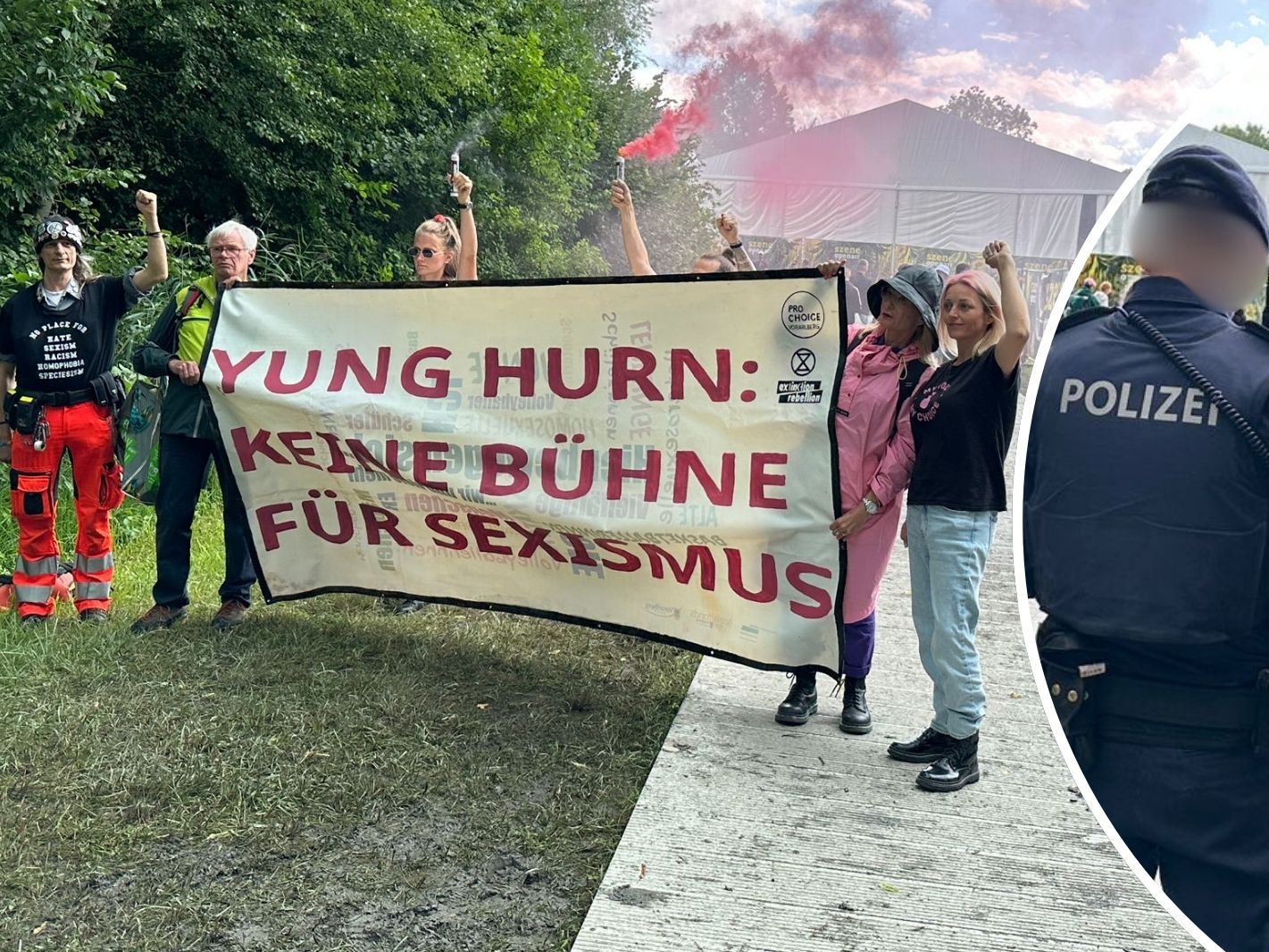 Aktivisten demonstrierten gegen Yung Hurn beim Szene Openair in Lustenau. Ein Festivalbesucher nannte die Aktion eine "Frechheit".