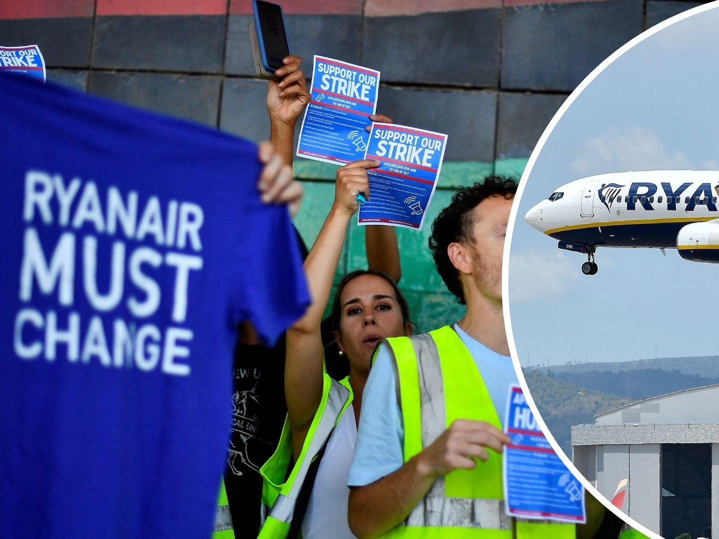 Am 24. Juni 2022 protestieren Ryanair-Beschäftigte am Terminal 2 des Flughafens El Prat in Barcelona mit Flugblättern und T-Shirts für bessere Arbeitsbedingungen. Am 24. Juni 2022 protestieren Ryanair-Beschäftigte am Terminal 2 des Flughafens El Prat in Barcelona mit Flugblättern und T-Shirts für bessere Arbeitsbedingungen.