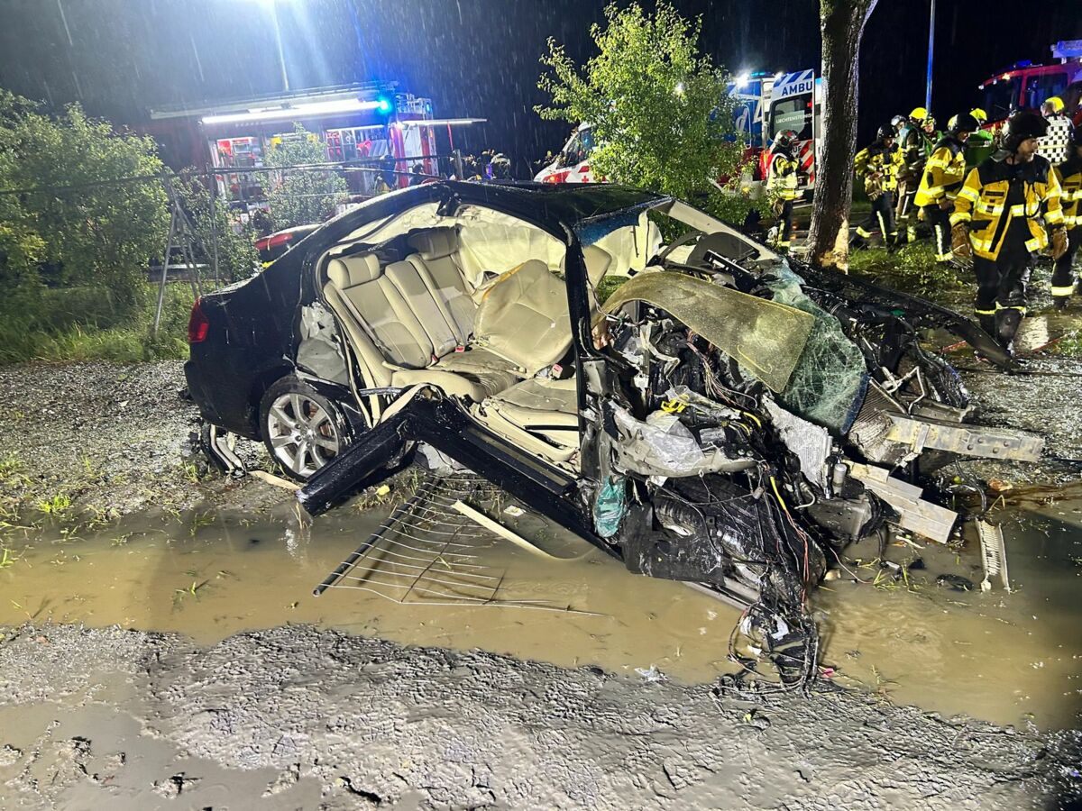 Das Unfallauto kam in Mauren (Liechtenstein) von der Straße ab und prallte gegen einen Baum.