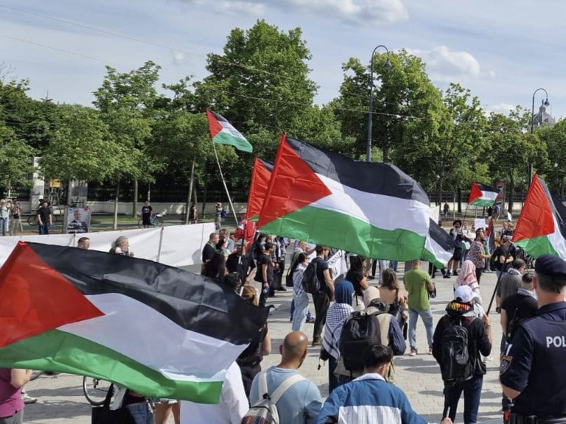 Bei der Demo wird zur Solidarität mit Palästina aufgerufen.