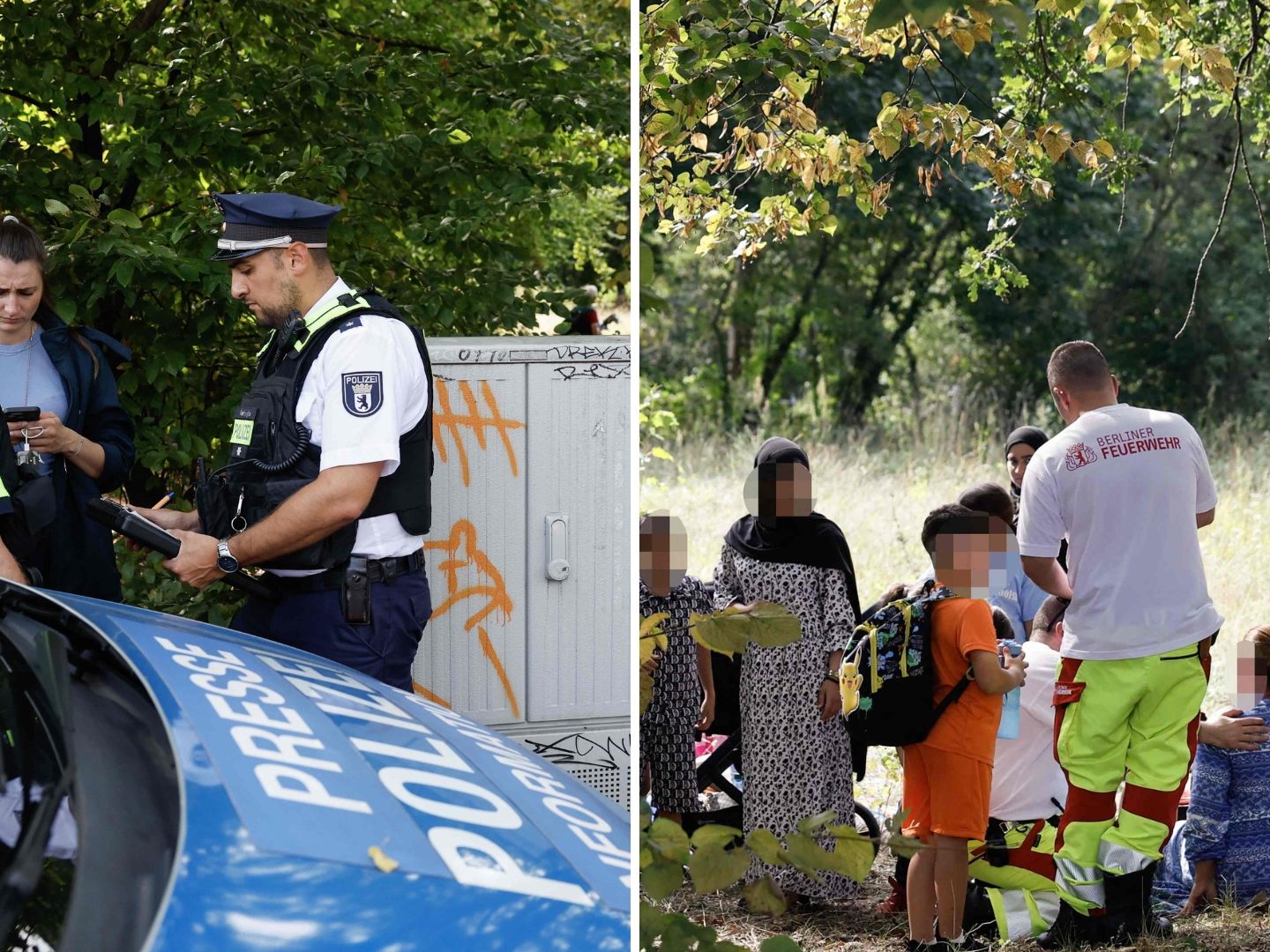 Einsatzkräfte betreuen Zeugen nach einem Unfall in Berlin-Wedding, bei dem mehrere Menschen verletzt wurden.