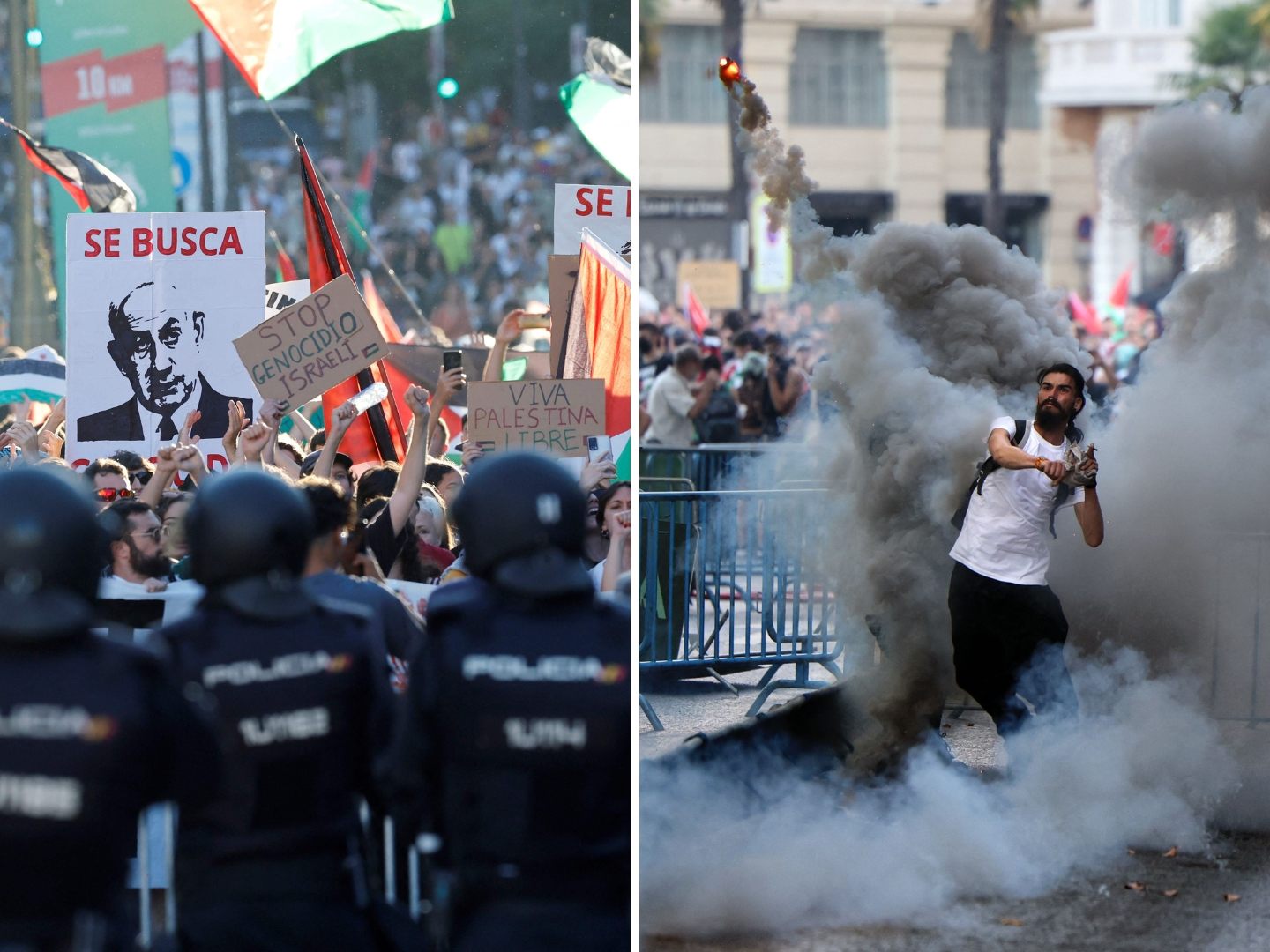Pro-palästinensische Proteste führten zu einem Abbruch der letzten Etappe der Spanien-Rundfahrt. Pro-palästinensische Proteste führten zu einem Abbruch der letzten Etappe der Spanien-Rundfahrt.