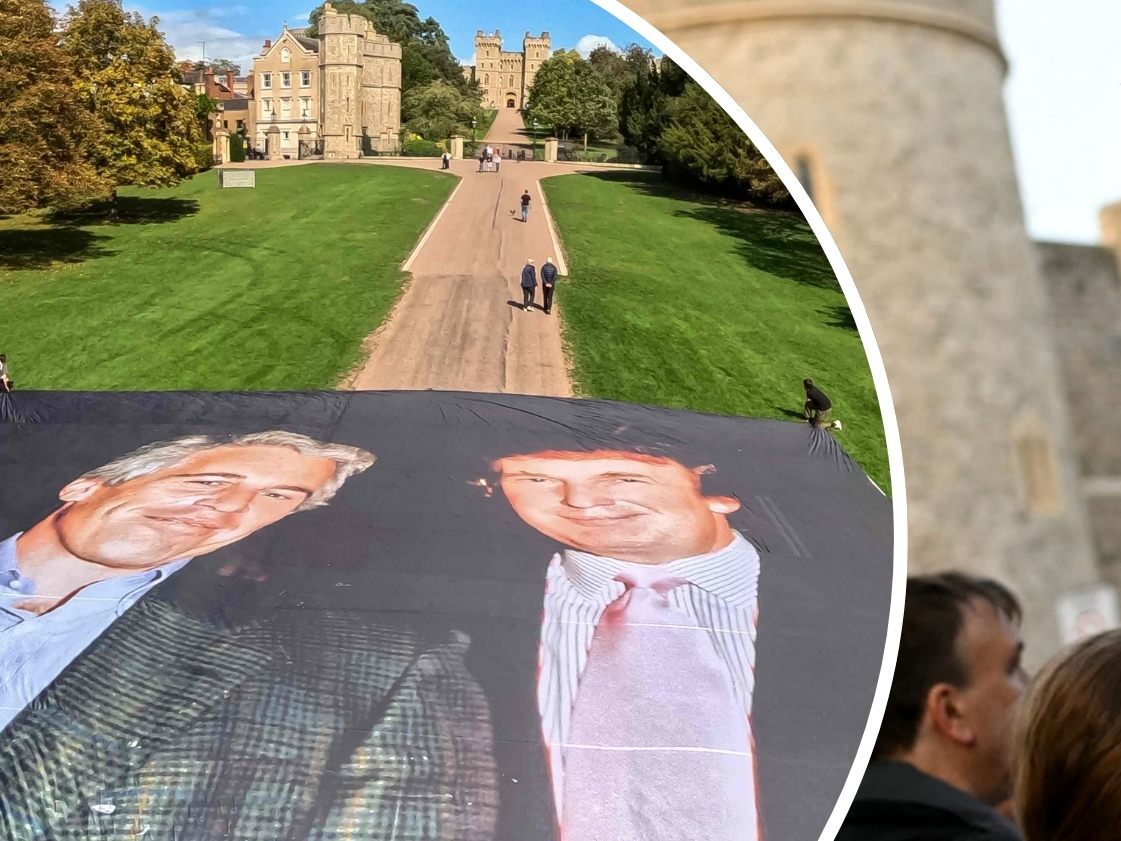 Proteste gegen Trump-Besuch in England - Aktivisten legten bereits am Dienstag riesige Bilder von Trump und Epstein (l.) vor Schloss Windsor aus.