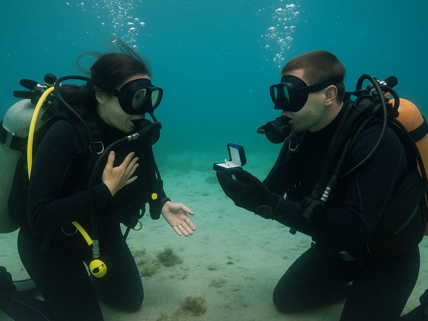 Heiratsantrag unter Wasser.