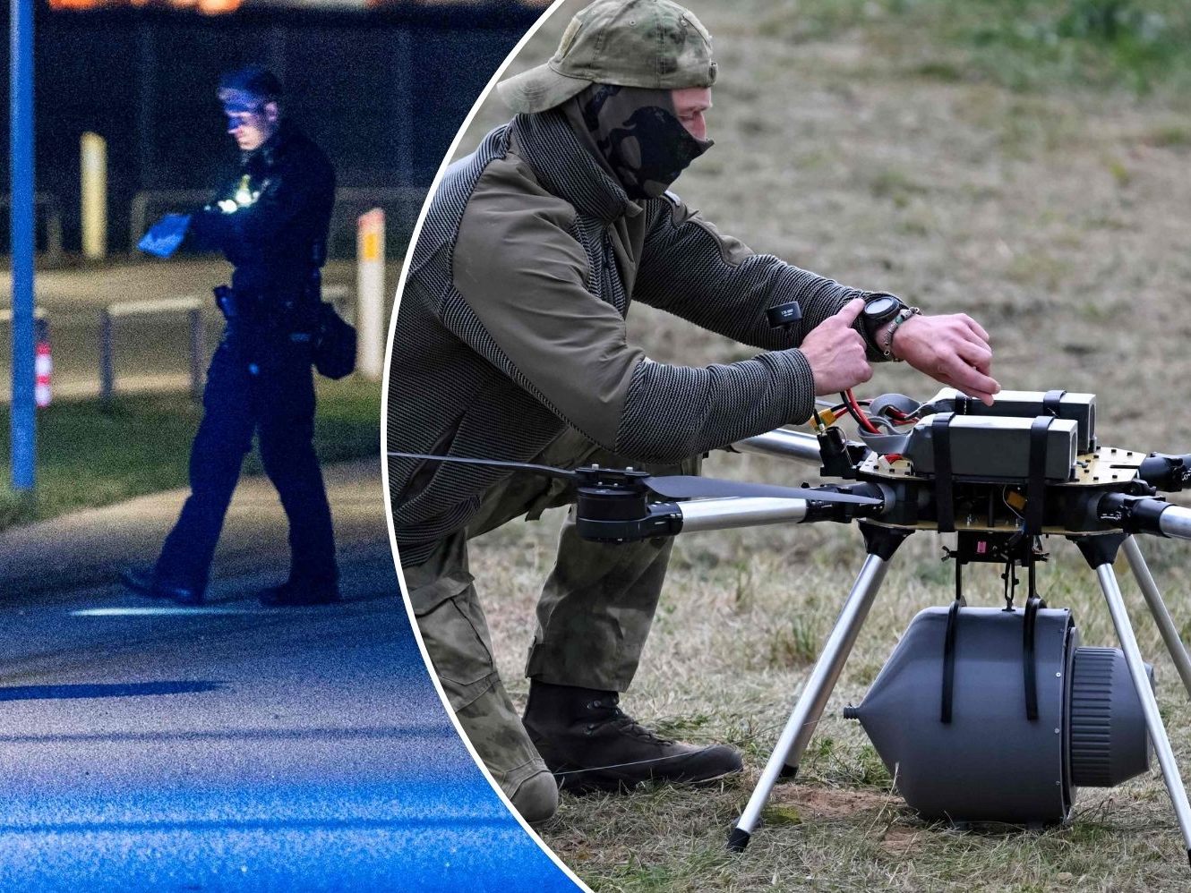 Links: Einsatz nach Drohnenalarm in Dänemark. Rechts: Ein belarussischer Soldat arbeitet an einer Drohne beim Manöver „Zapad-2025“ in Belarus. (Symbolbild) Links: Einsatz nach Drohnenalarm in Dänemark. Rechts: Ein belarussischer Soldat arbeitet an einer Drohne beim Manöver „Zapad-2025“ in Belarus. (Symbolbild)