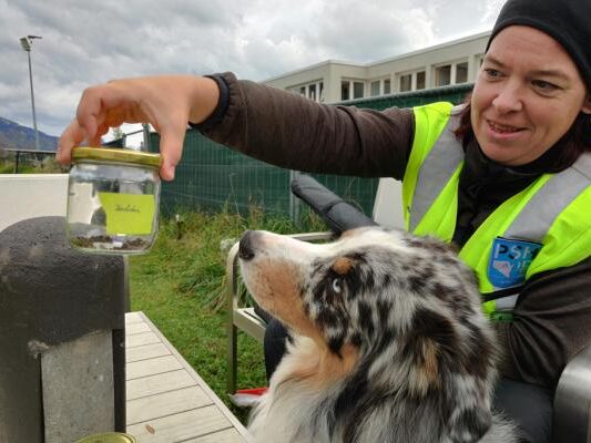 Artenspürhund "Inuki" mit Besitzerin Naturschutz-Rangerin Ursula Schelling