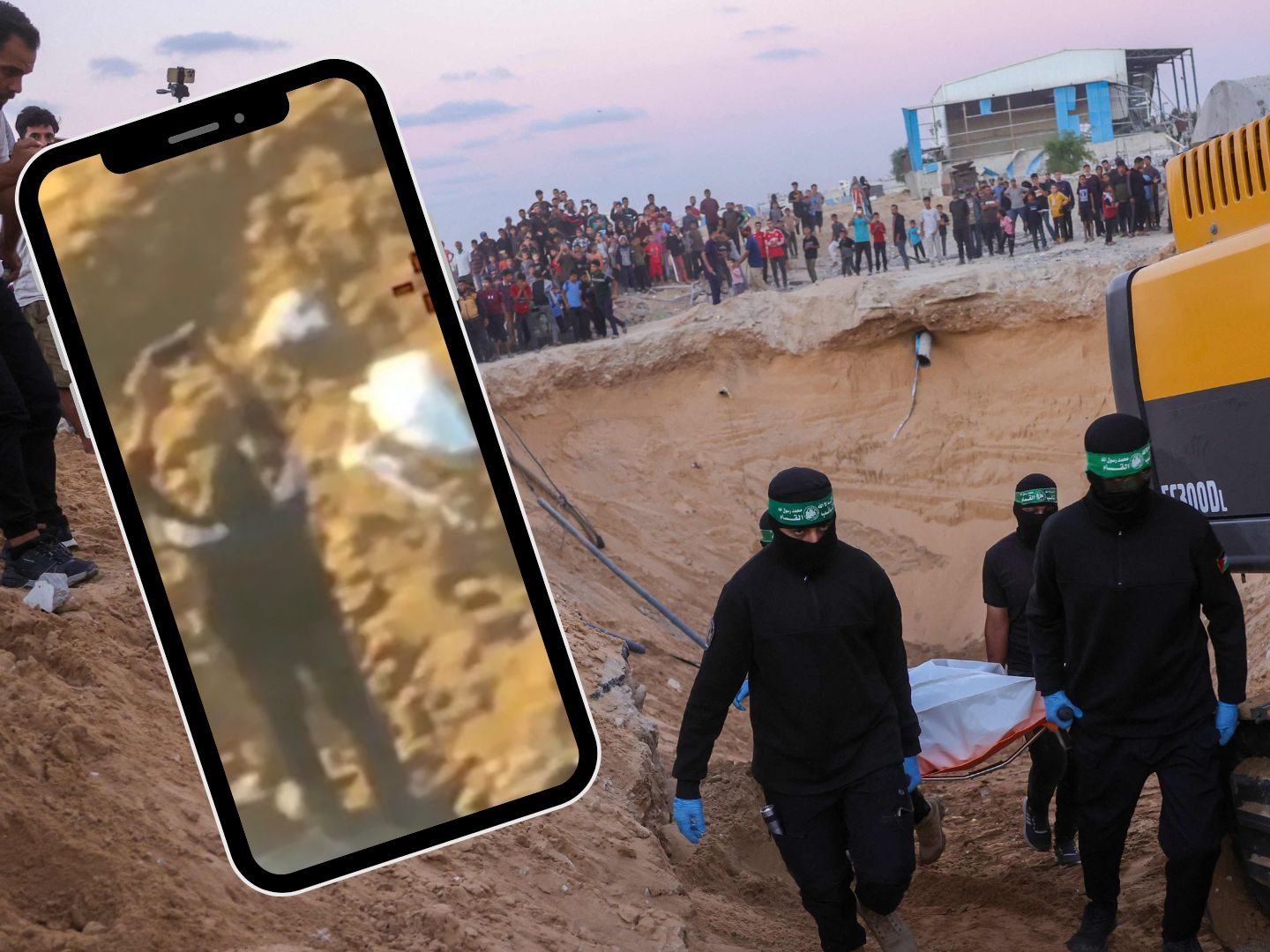Alles nur inszeniert? Unter großem medialen Interesse demonstrieren Hamas-Kämpfer, wie angeblich aufwändig die Bergung der verbliebenen Geisel-Leichen sei. Drohnen-Videos überführen sie jedoch der Lüge.