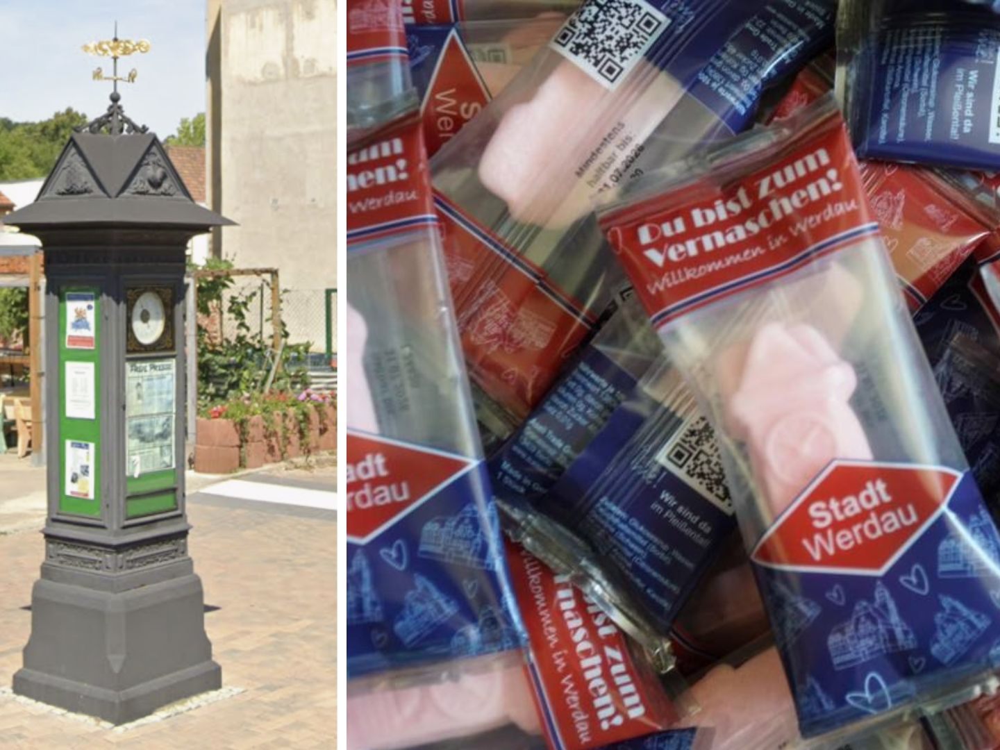 Die rosafarbene Schaumzucker-Leckerei soll die historische Annoncenuhr, das Wahrzeichen der Stadt, zeigen.