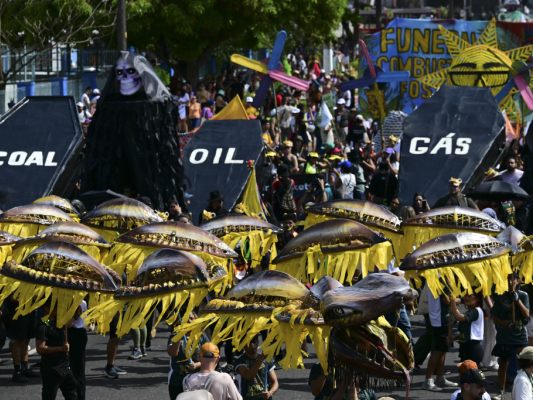 Auf dem Bild sieht man einen Protest in Belem während dem UNO-Klimagipfel.