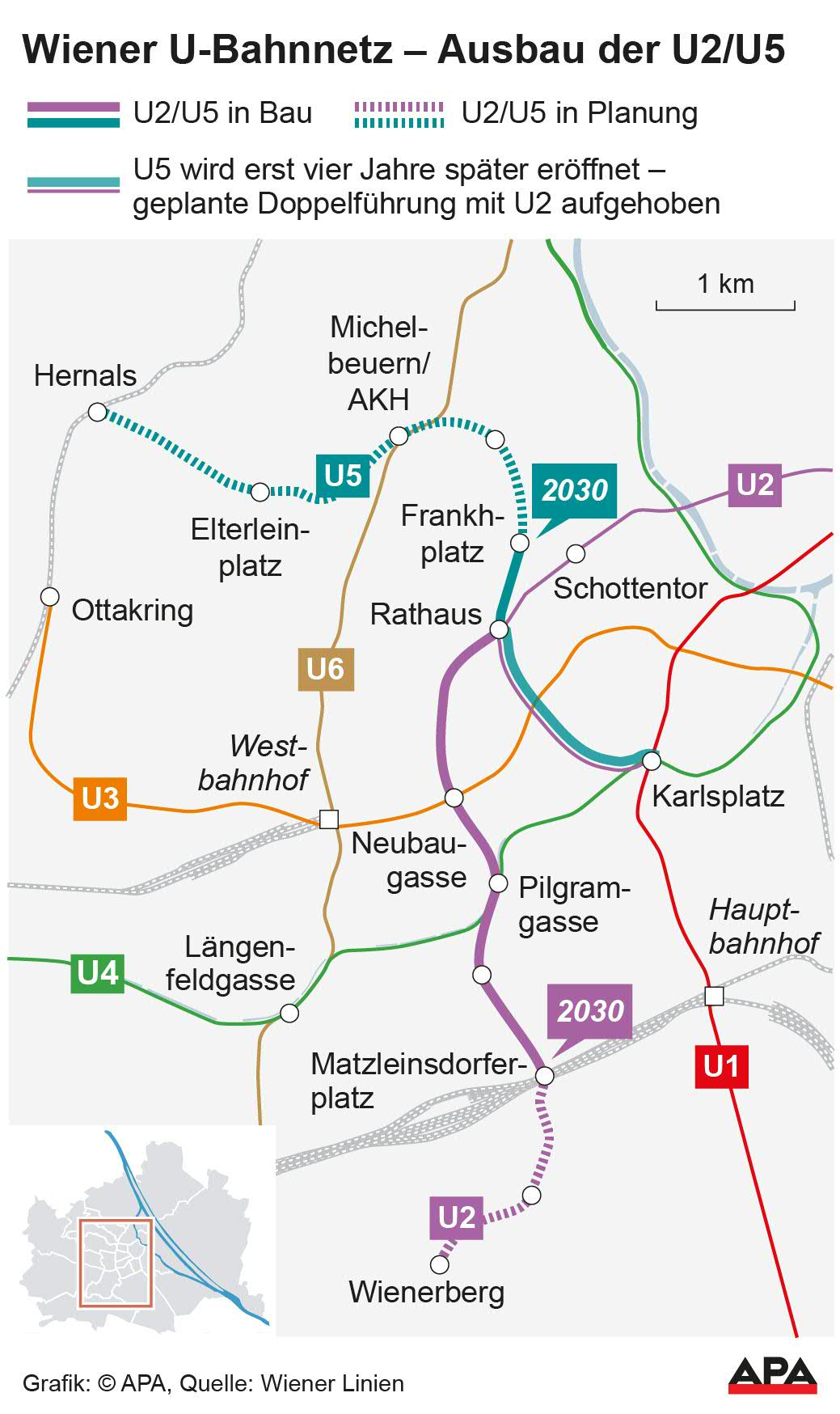 Plan U-Bahn in Wien, Quelle: Wiener Linien; Die Auslieferung der APA-Grafiken als Embed-Code ist ausschlie§lich Kunden mit einer gltigen Vereinbarung fr Grafik-Pauschalierung vorbehalten. Dabei inkludiert sind automatisierte Schrift- und Farbanpassungen an die jeweilige CI. Fr weitere Informationen wenden Sie sich bitte an unser Grafik-Team unter grafik@apa.at. GRAFIK 1418-25, 88 x 148 mm