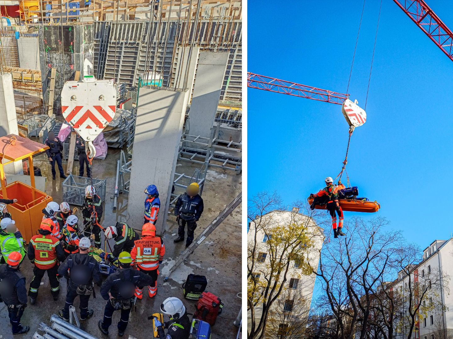 Der schwer verletzte 34-jährige Arbeiter wurde in Wien-Meidling mittels Baukran geborgen.