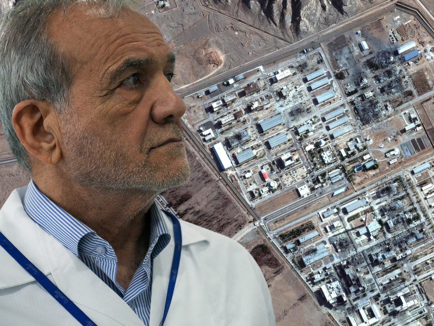 Im Bild: Irans Präsident Masoud Pezeshkian (l.) und die iranische Atomanlage in Isfahan nach US-Angriffen im Juni 2025.