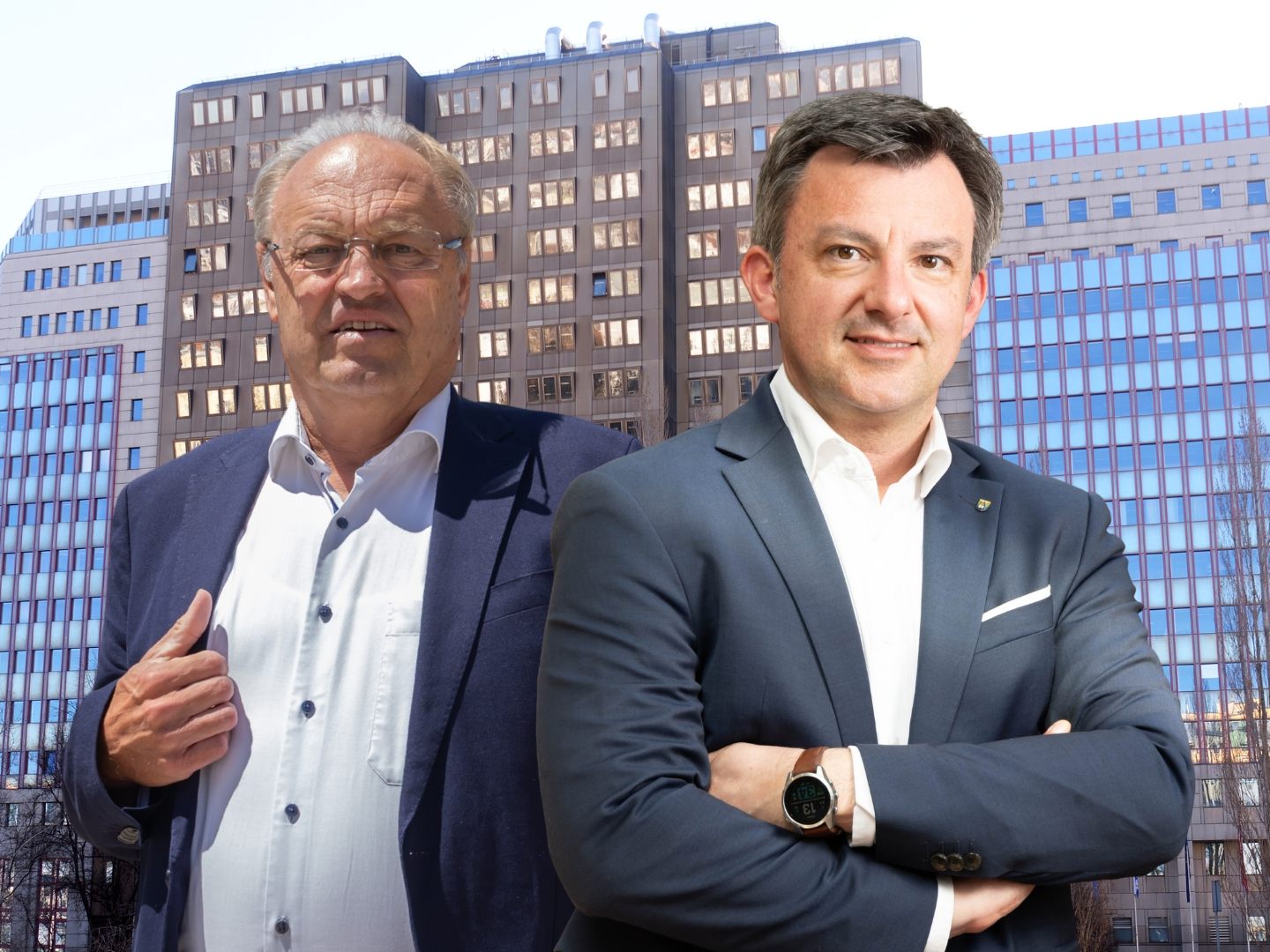 Die amtierenden Bürgermeister von Lauterach und Hard: Elmar Rhomberg und Martin Staudinger. Das Gebäude im Hintergrund ist der Rechnungshof in Wien.